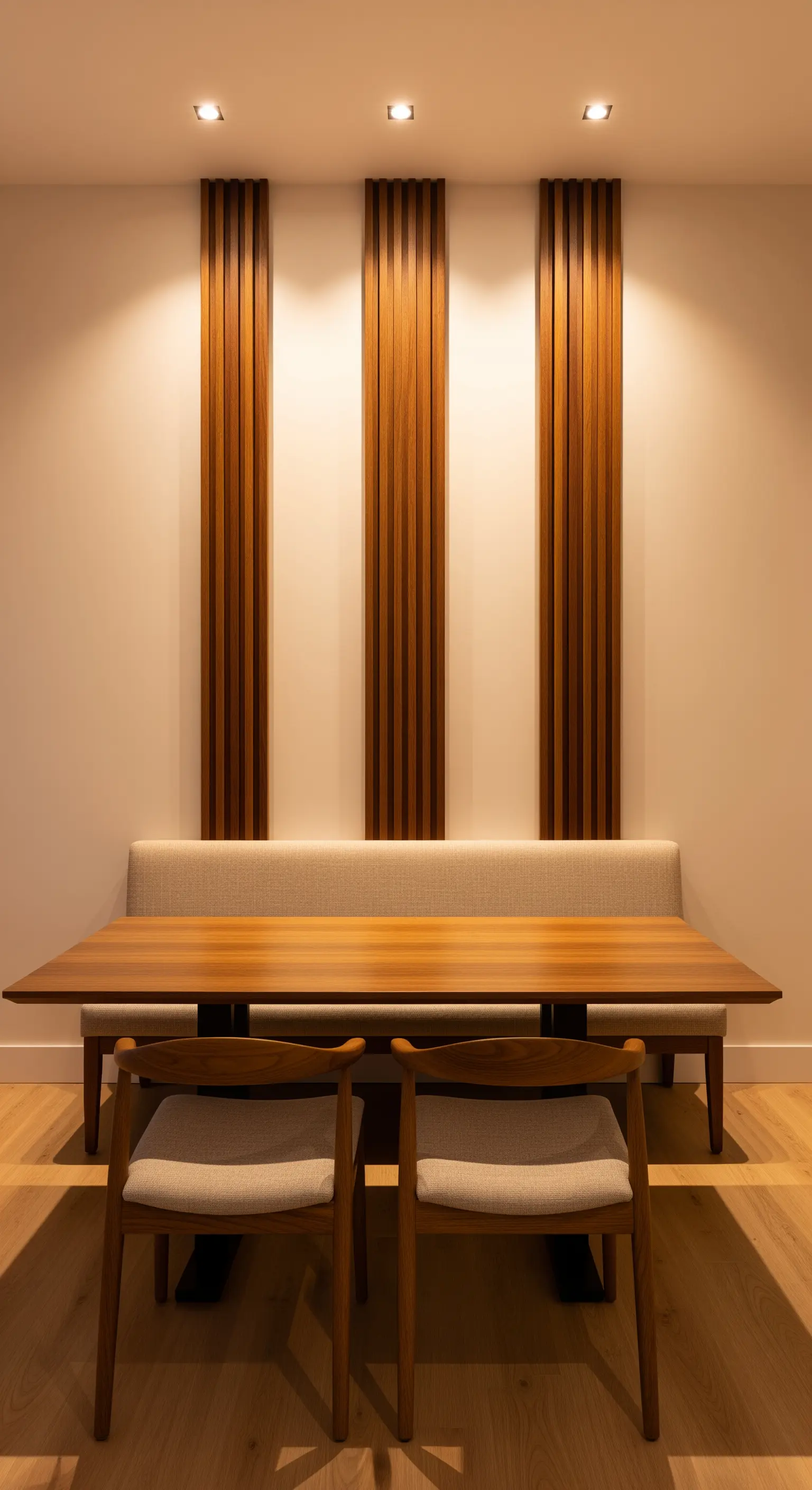 Drei vertikale Holzpaneele als Akzentwand hinter einer Esszimmerbank.