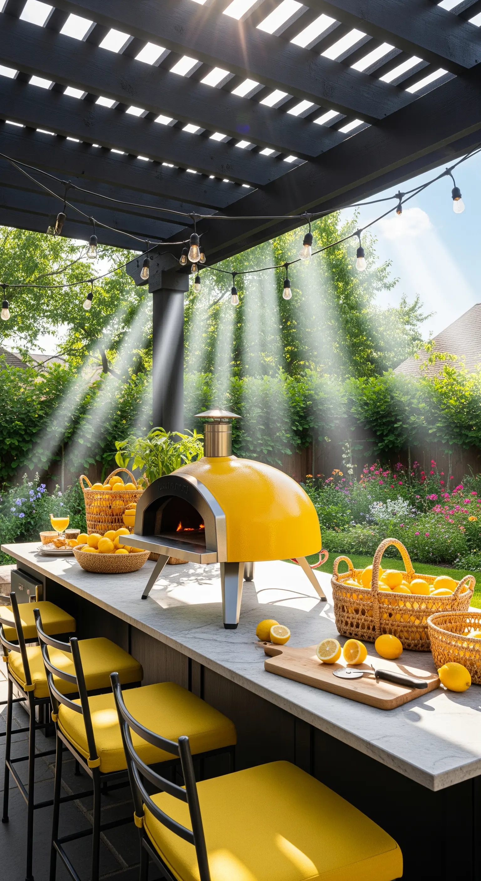 Outdoor-Küche mit gelbem Pizzaofen und Zitronen-Körben