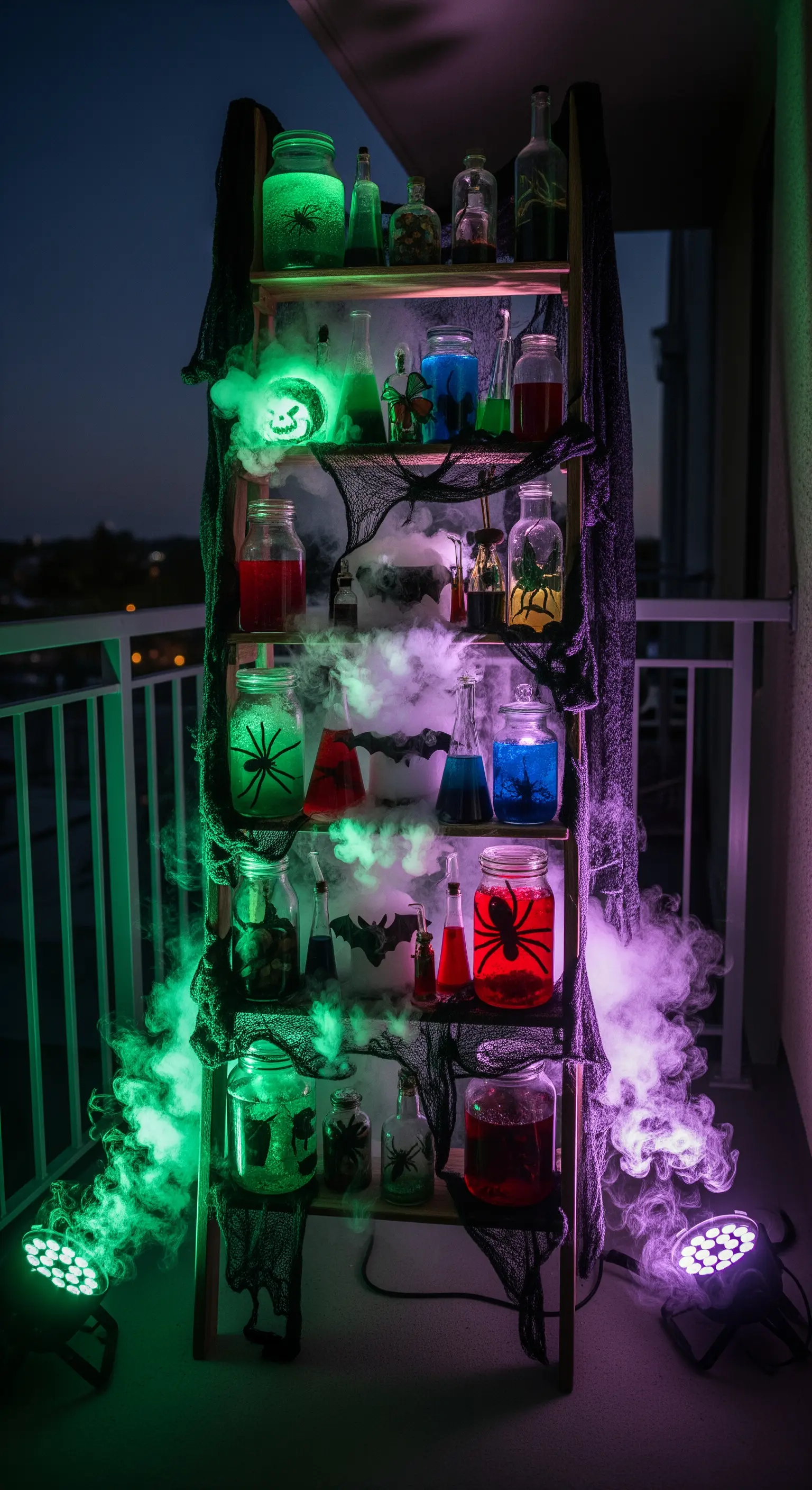 Regal auf dem Balkon dekoriert als Alchemisten-Labor mit bunten Flüssigkeiten, Nebel und Spinnennetzen.