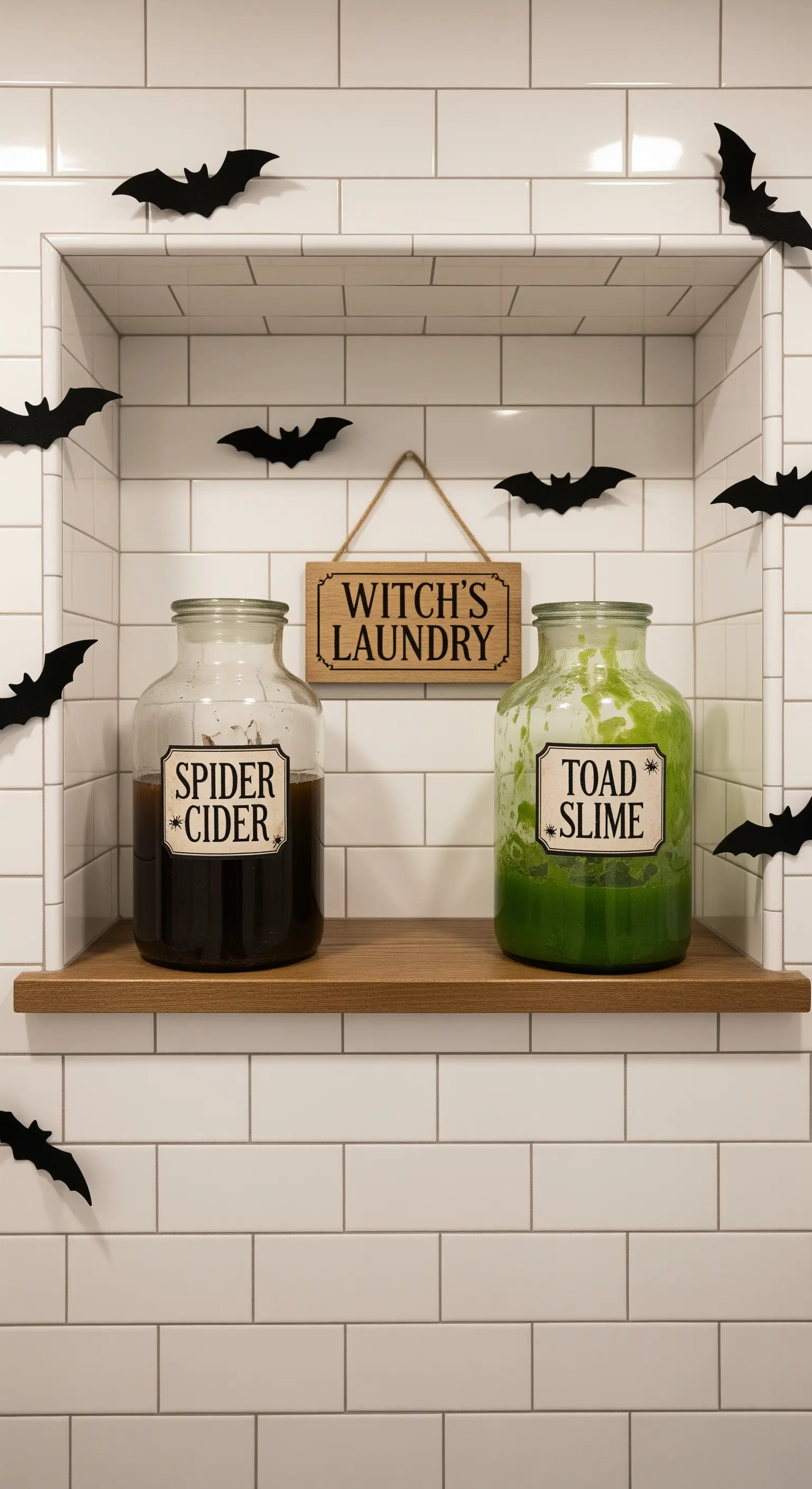 Halloween-Badezimmernische mit Zaubertrankgläsern, Holztuch und Fledermäusen.