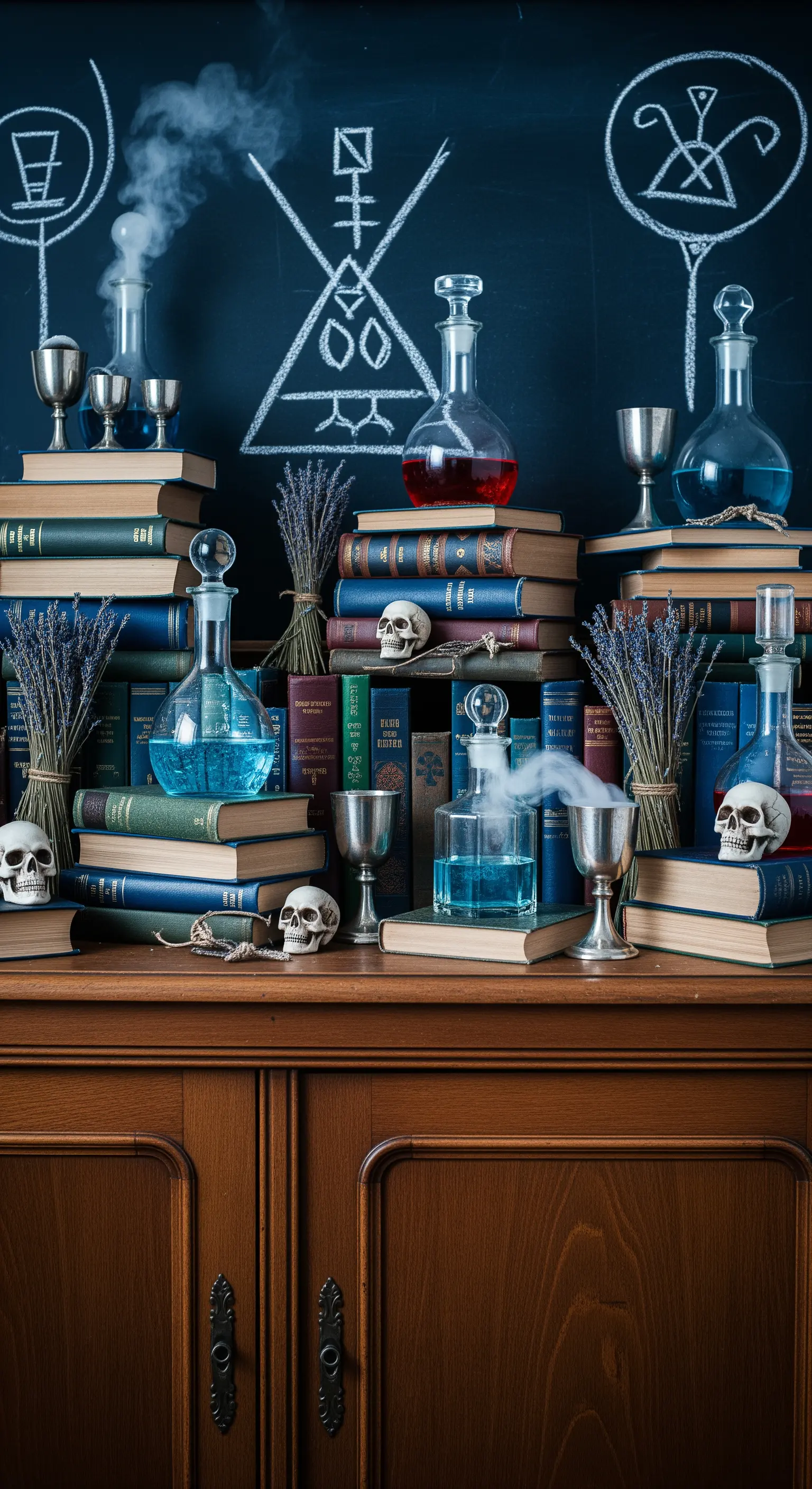 Alchemie-Labor, Bücherstapel, Tränke, Schädel, Lavendel, mystische Deko.