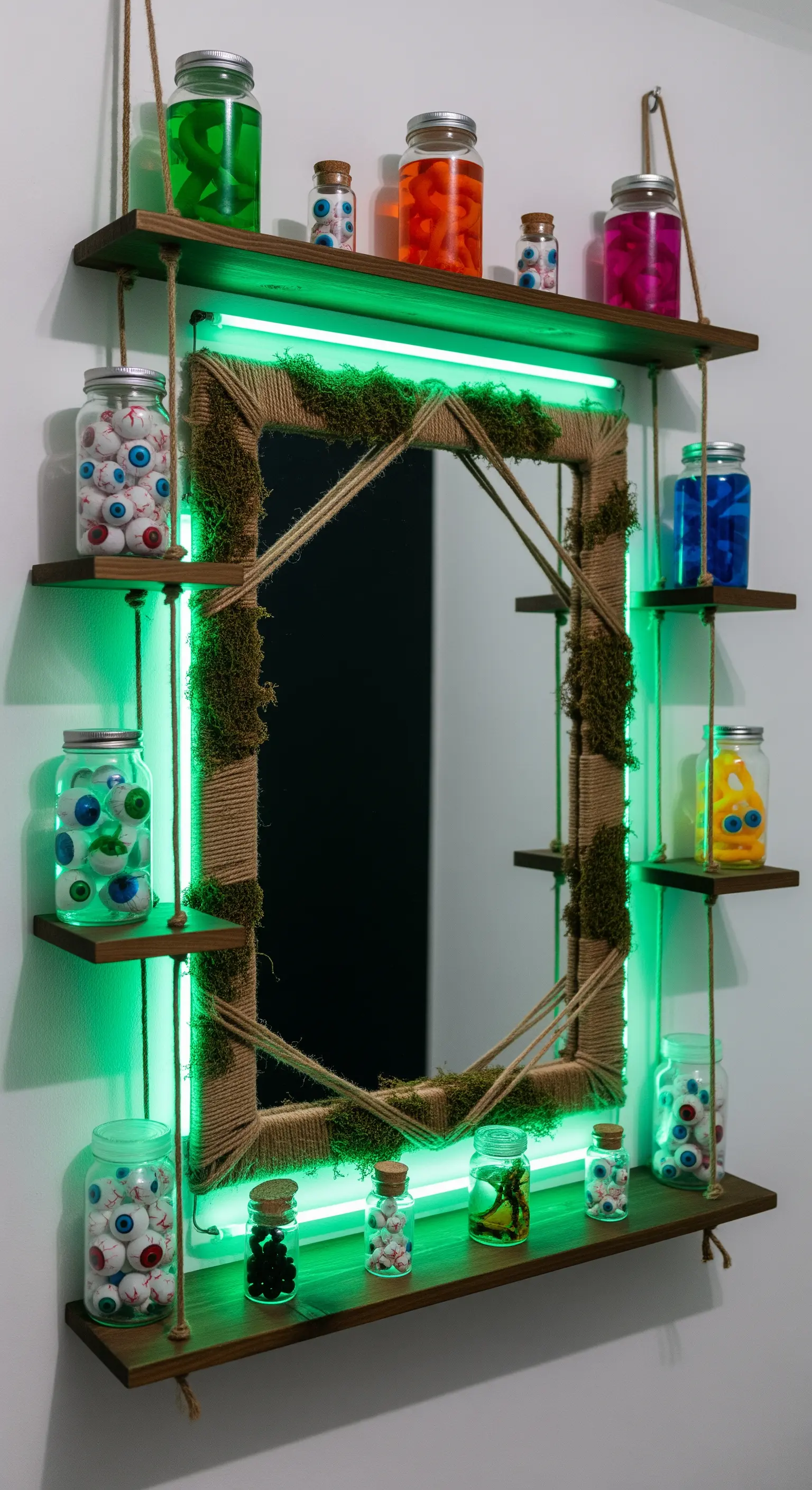 Rustikaler Spiegel mit Moosrahmen, grüner LED-Beleuchtung und schwebenden Regalen mit Zaubertränken