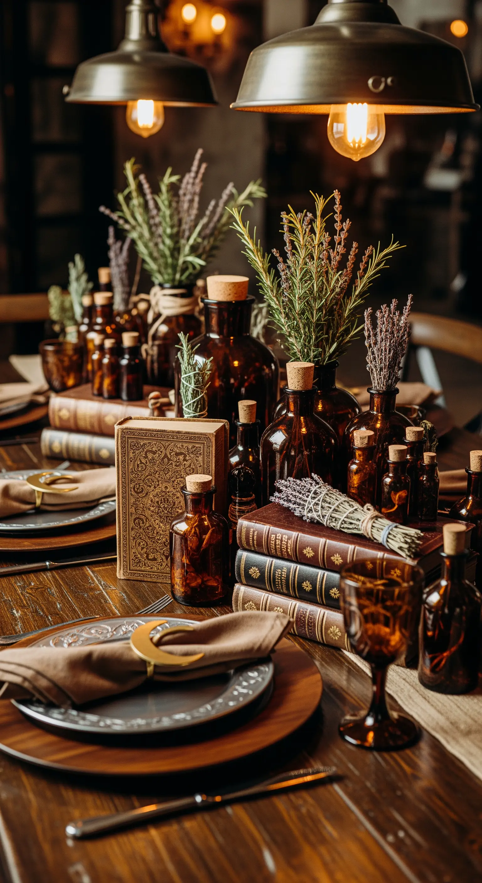 Halloween Tischdeko im Dark Academia Stil mit alten Büchern und Apothekerflaschen