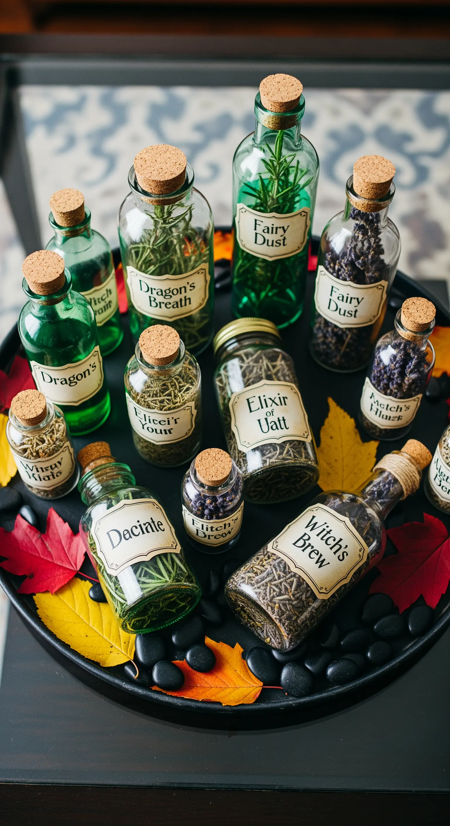 Hexenküchen-Deko mit Flaschen voller Zaubertränke und Herbstblättern.