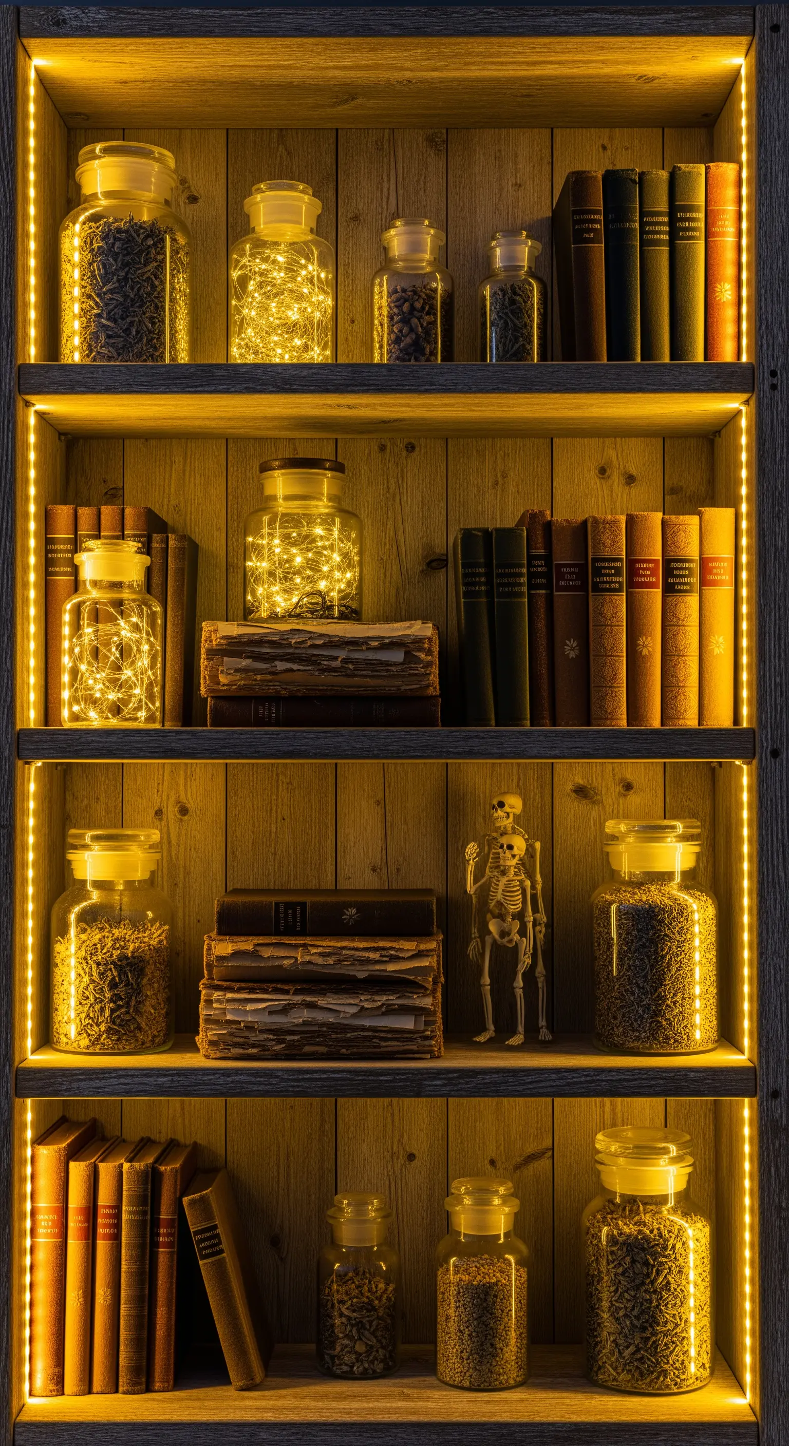 Halloween Regal-Deko mit beleuchteten Gläsern, Vintage-Büchern und Skelett-Figur