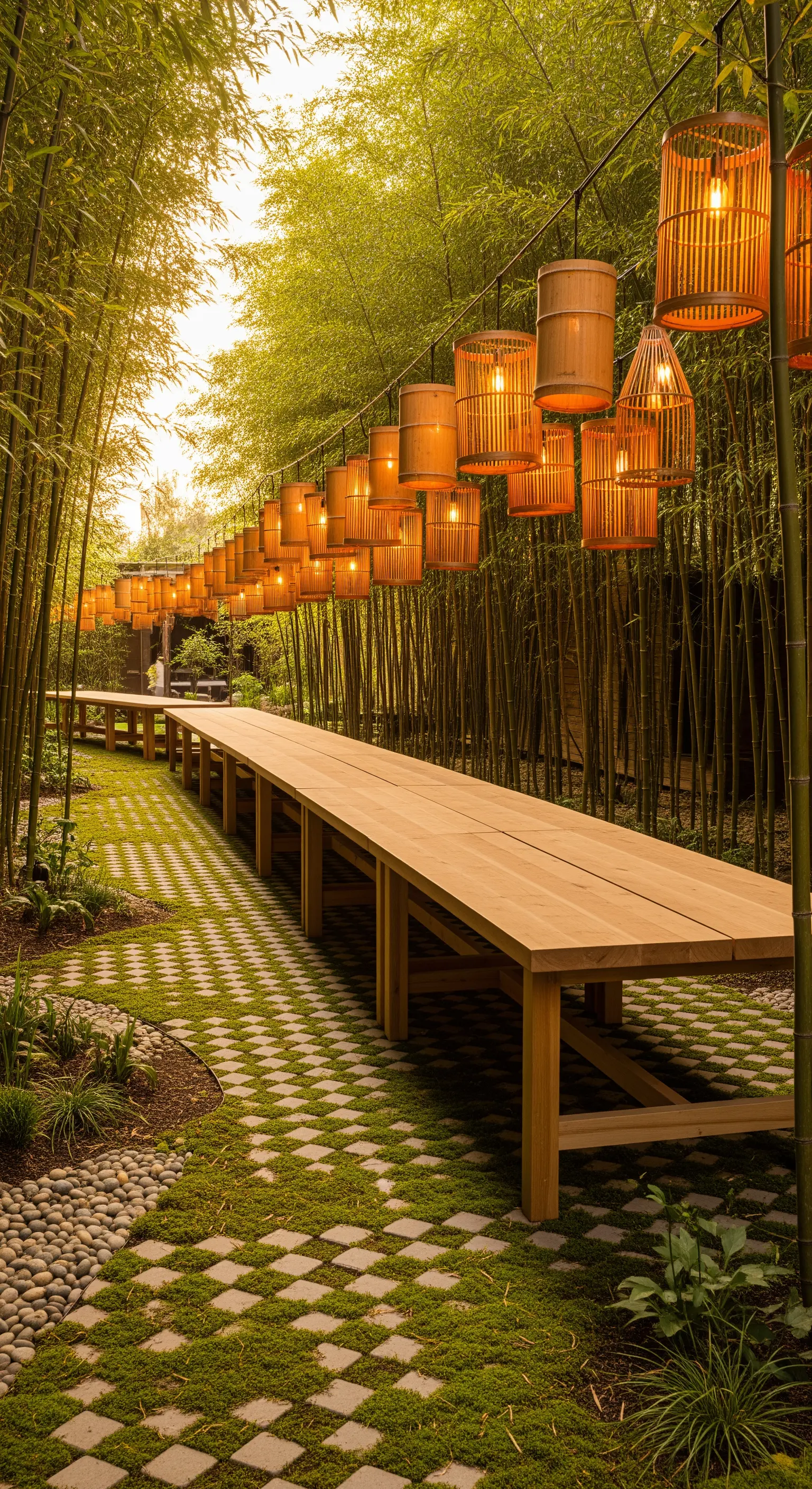 Lange Bambus-Allee mit vielen hängenden Laternen und Esstisch