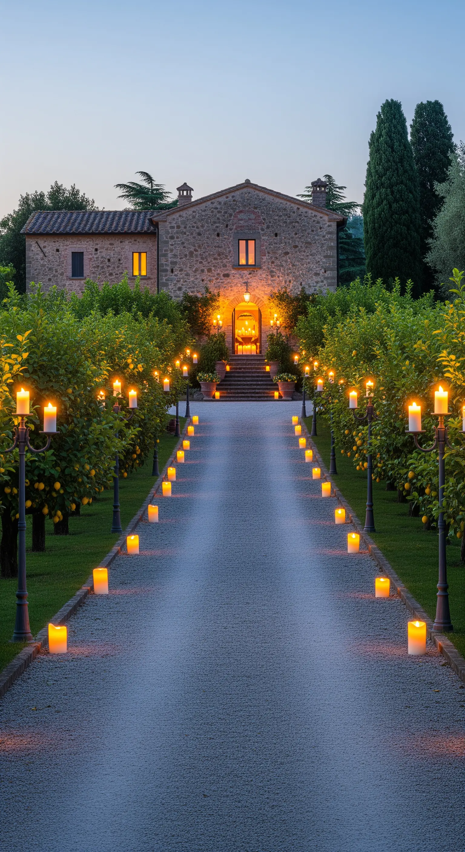 Allee mit hohen Kerzenlaternen und Zitronenbäumen, die zu einem beleuchteten Haus führt
