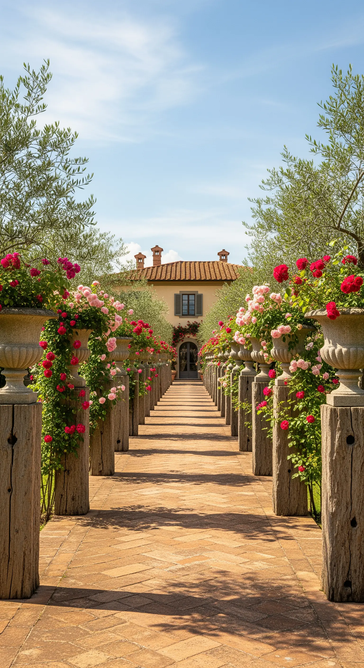 Allee mit steinernen Urnen voller Rosen, gesäumt von Olivenbäumen zu einem Haus