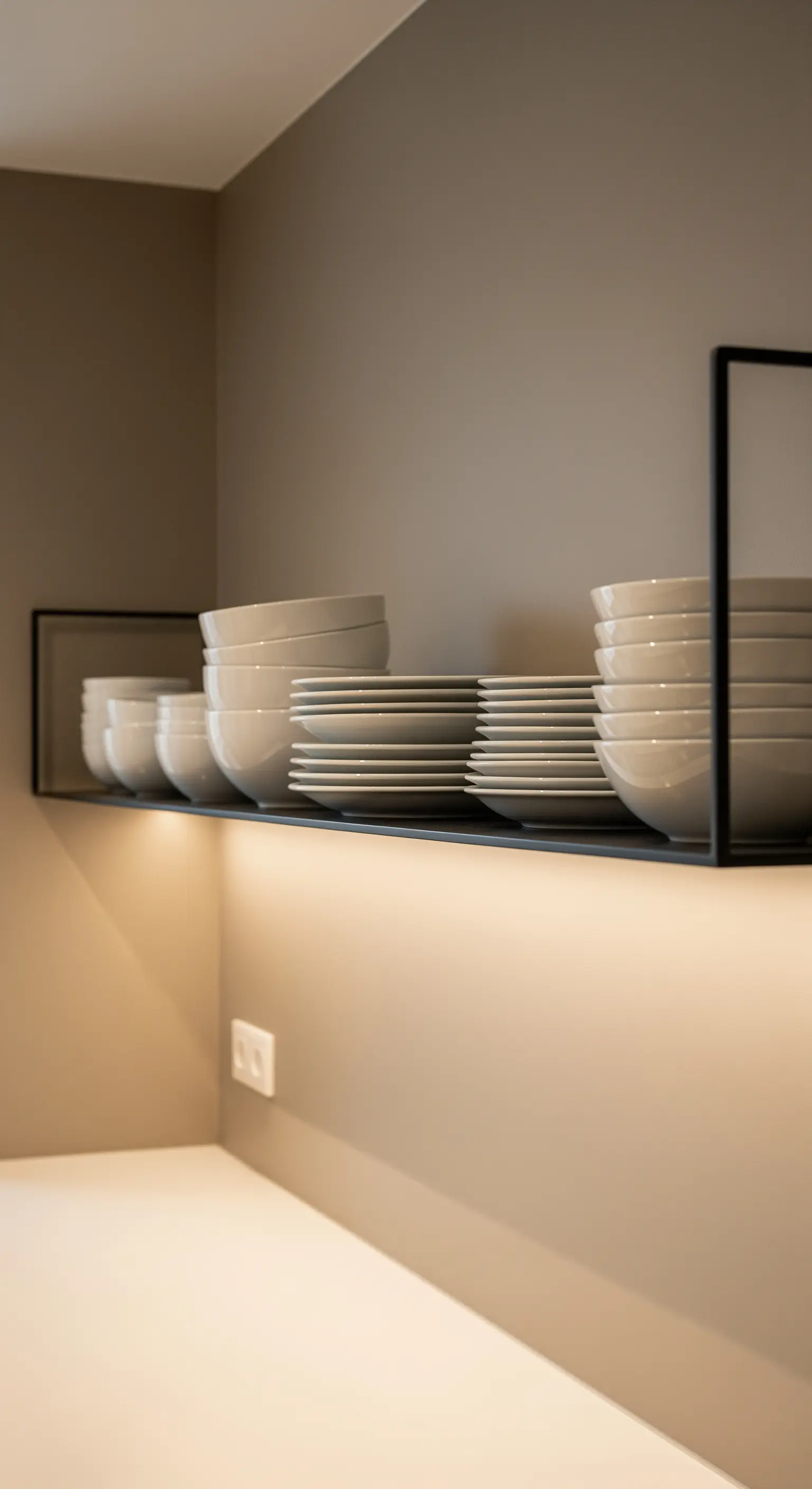 Ein offenes, schwarzes Küchenregal mit sauber gestapeltem weißem Geschirr.