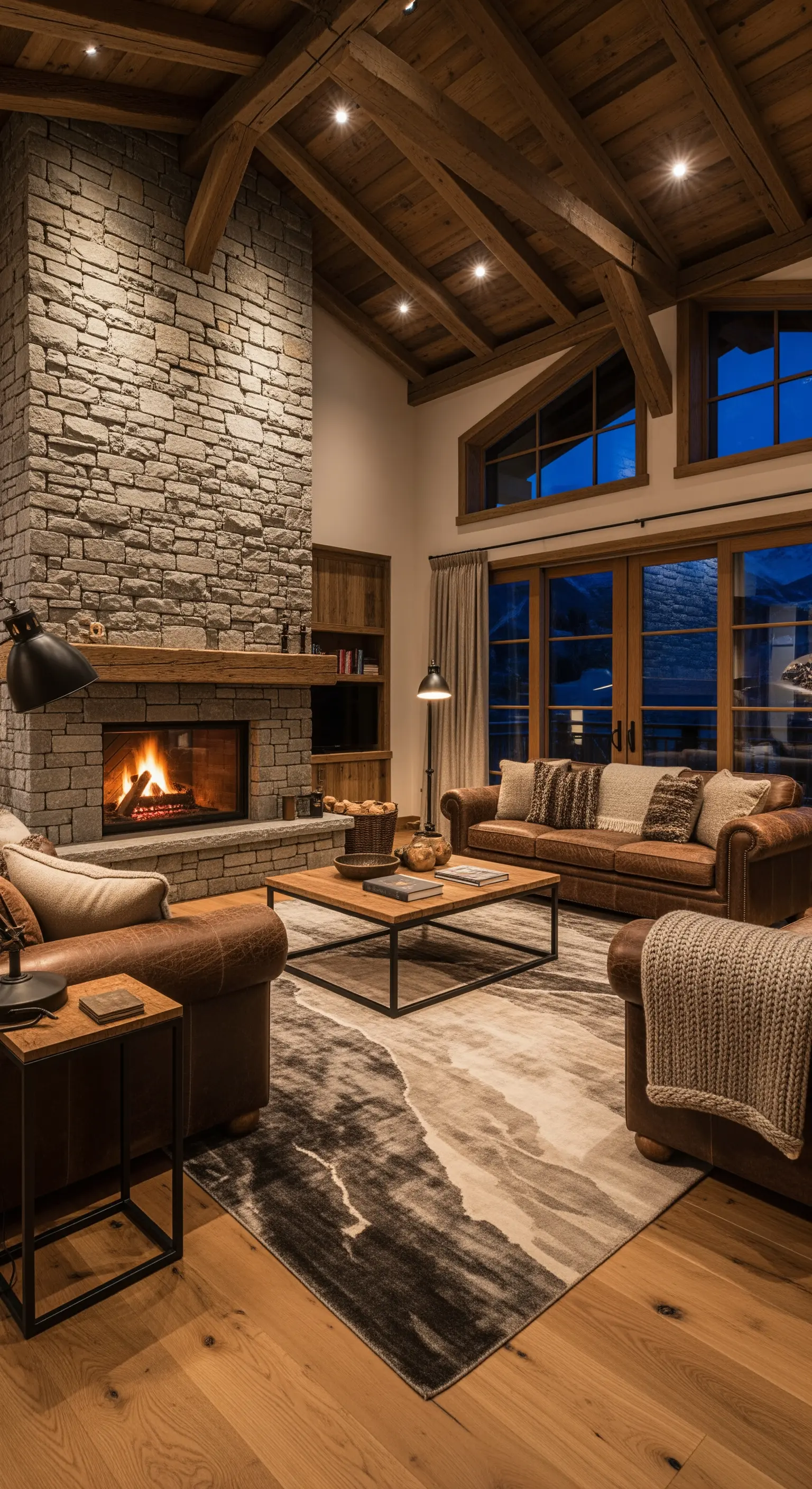 Rustikales Chalet-Wohnzimmer mit Steinkamin und einem Teppich mit abstraktem Bergmotiv.