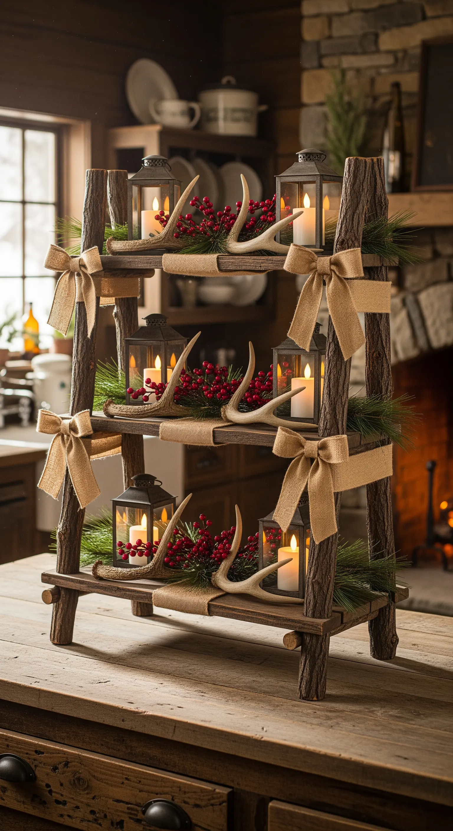 Rustikale Leiter-Etagere mit Laternen, Geweihen, Beeren und Juteschleifen.