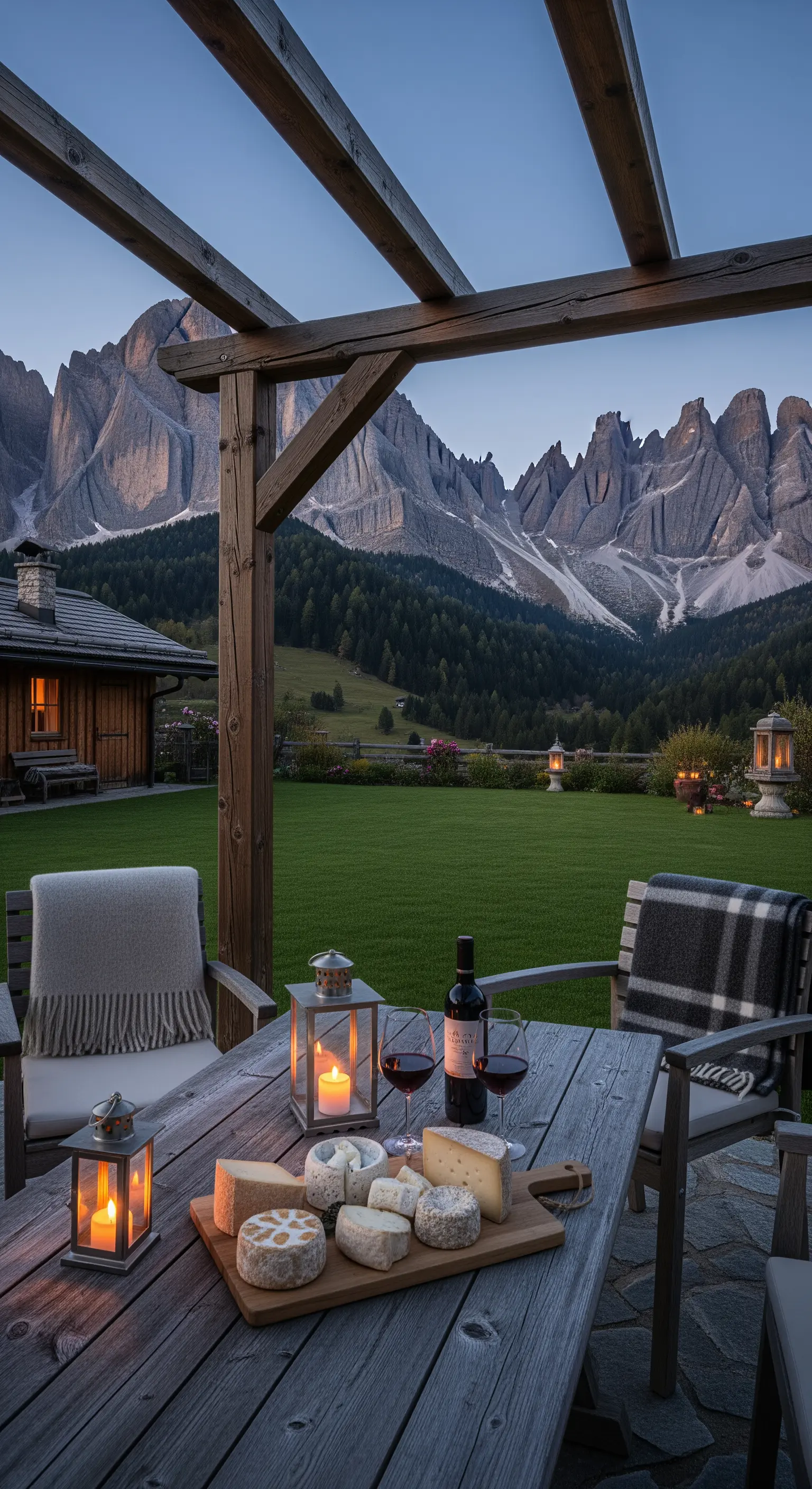 Holzpergola, Bergblick, Käseplatte, Wein, Laternen, Decken