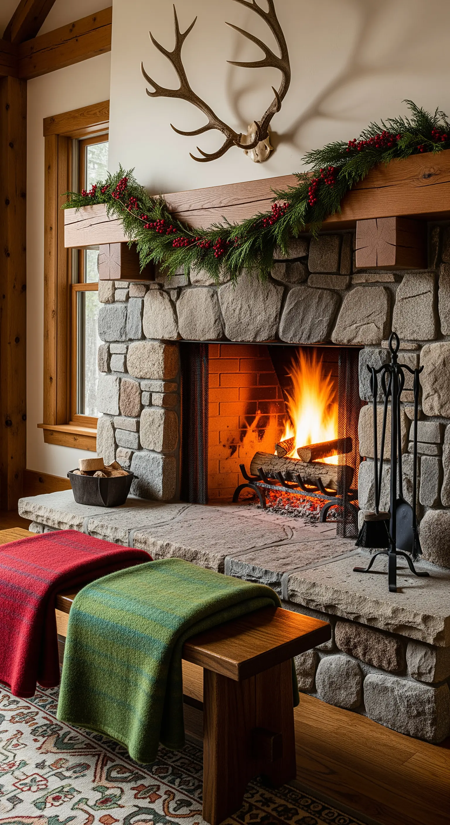 Steinkamin mit Hirschgeweih, Beeren-Girlande und farbigen Decken
