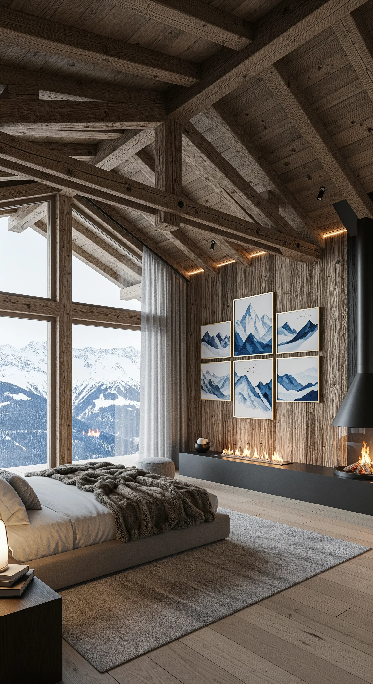 Rustikales Chalet-Schlafzimmer mit Holzwänden und einer Galerie von Berglandschaften.