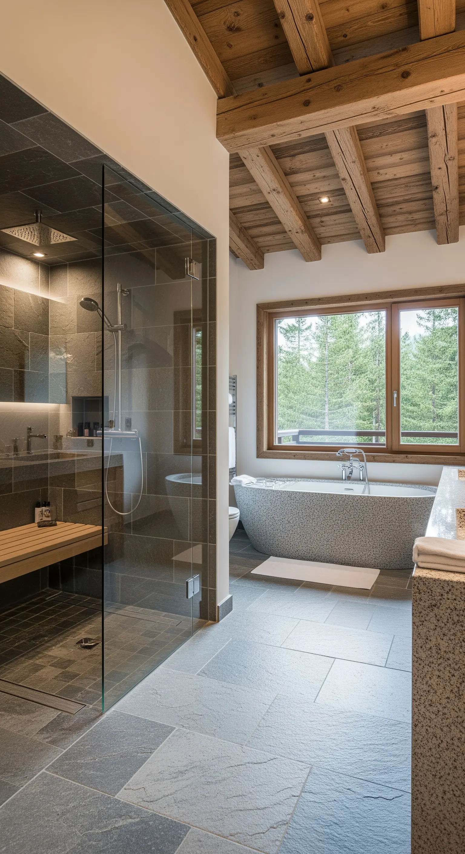 Rustikales Badezimmer im Chalet-Stil mit Steinwänden, Holzbalken und moderner Glasdusche