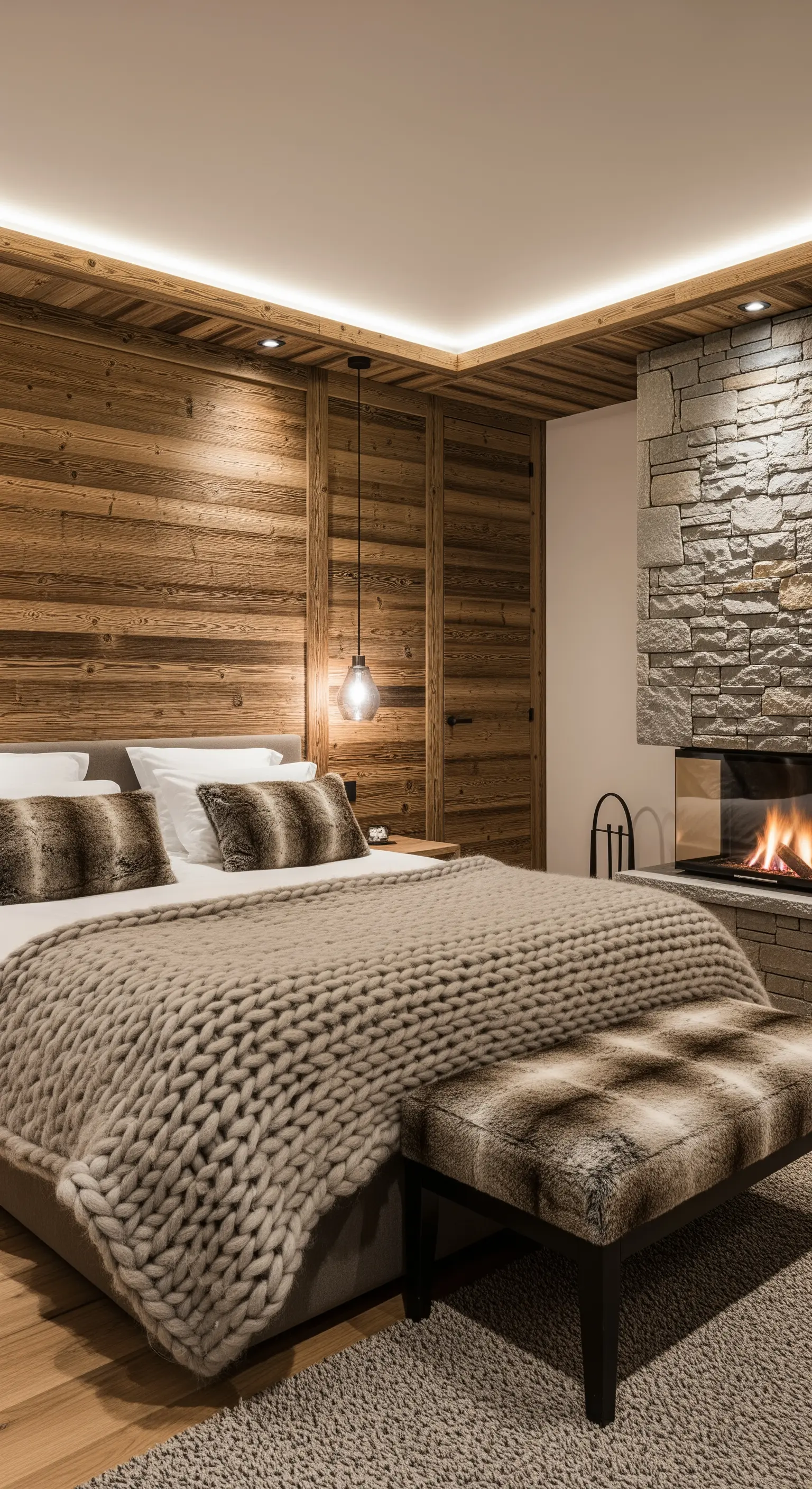 Alpines Schlafzimmer mit Altholz-Wandverkleidung, Steinkamin und grob gestrickter Wolldecke.