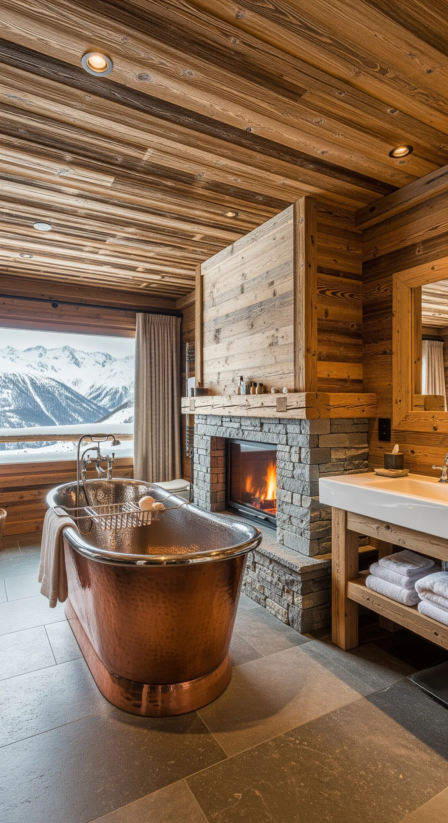 Gehämmerte Kupferbadewanne neben einem Kamin in einem rustikalen Badezimmer aus Holz.