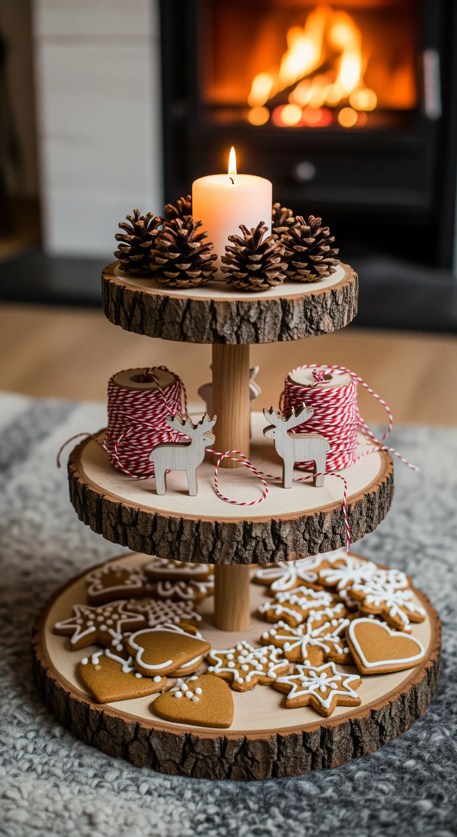 Rustikale Etagere aus Holzscheiben mit Kerze, Lebkuchen und Holzfiguren