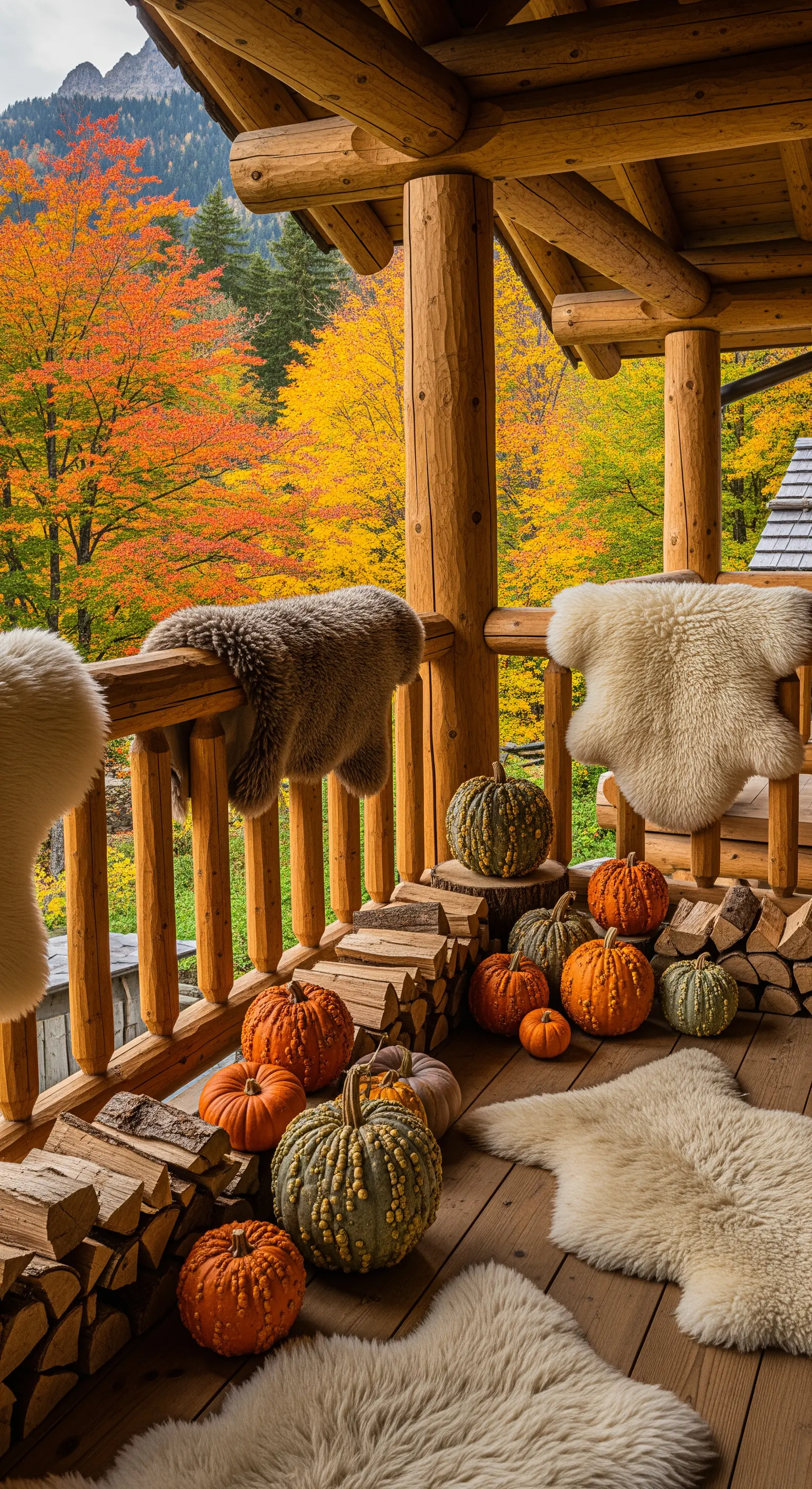 Rustikale Lodge-Terrasse mit Schaffellen, Holzstapeln, grünen und orangefarbenen Kürbissen
