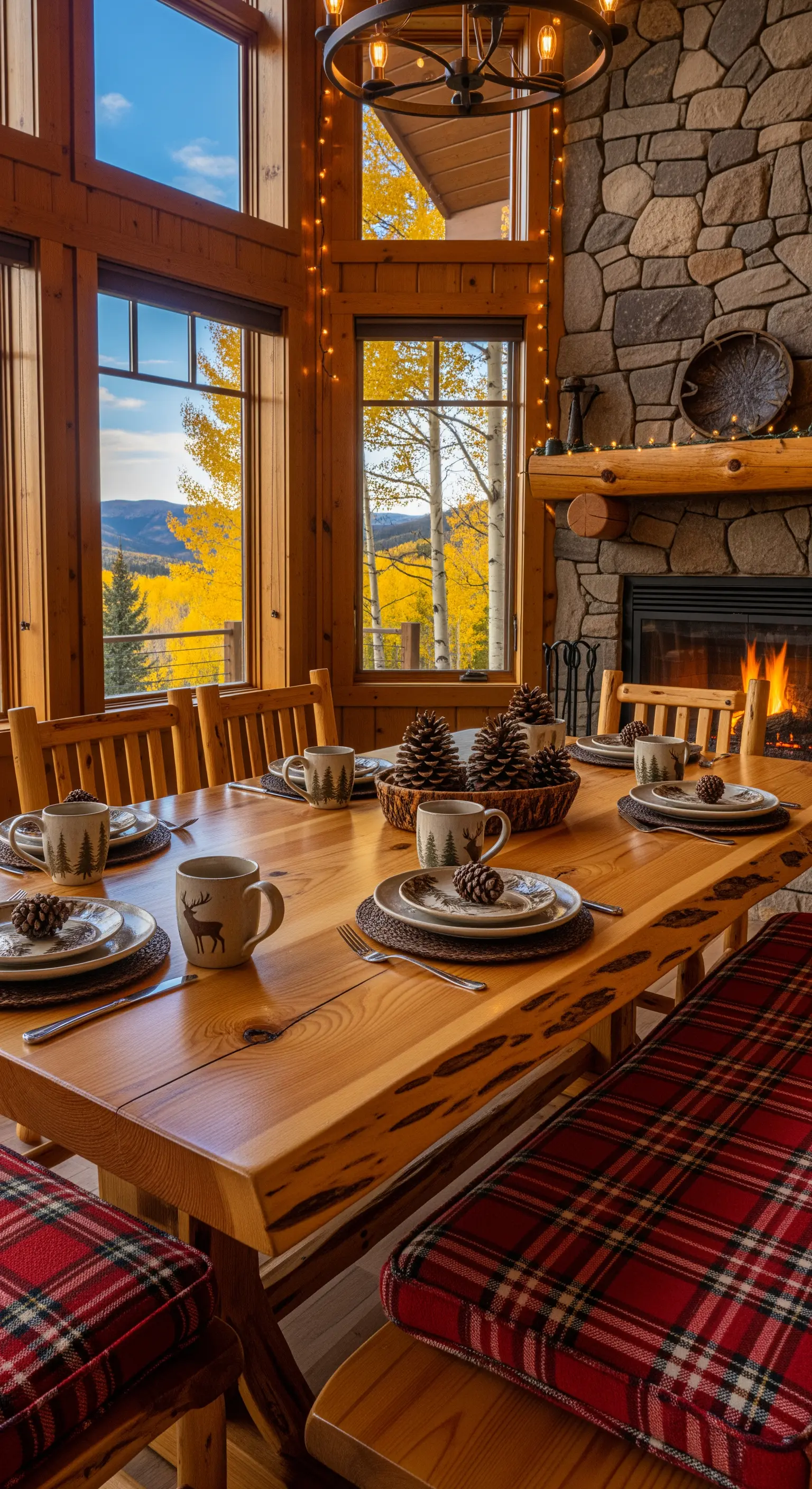 Alpine Herbsttafel, Holztisch, Kiefernzapfen, Hirschbecher, rote Plaids, Kamin.
