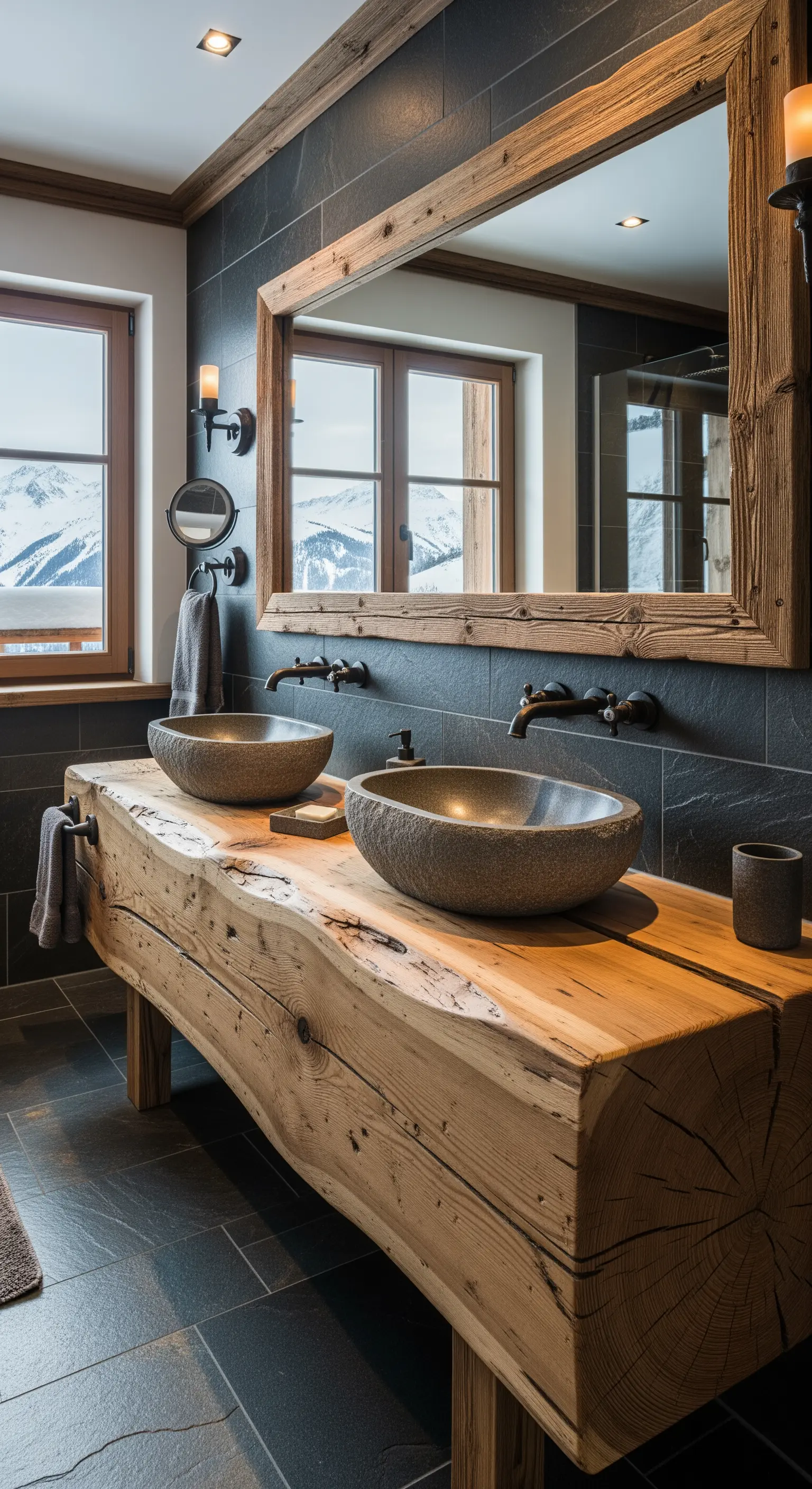 Rustikaler Waschtisch aus einem massiven Holzstamm in einem alpinen Badezimmer.