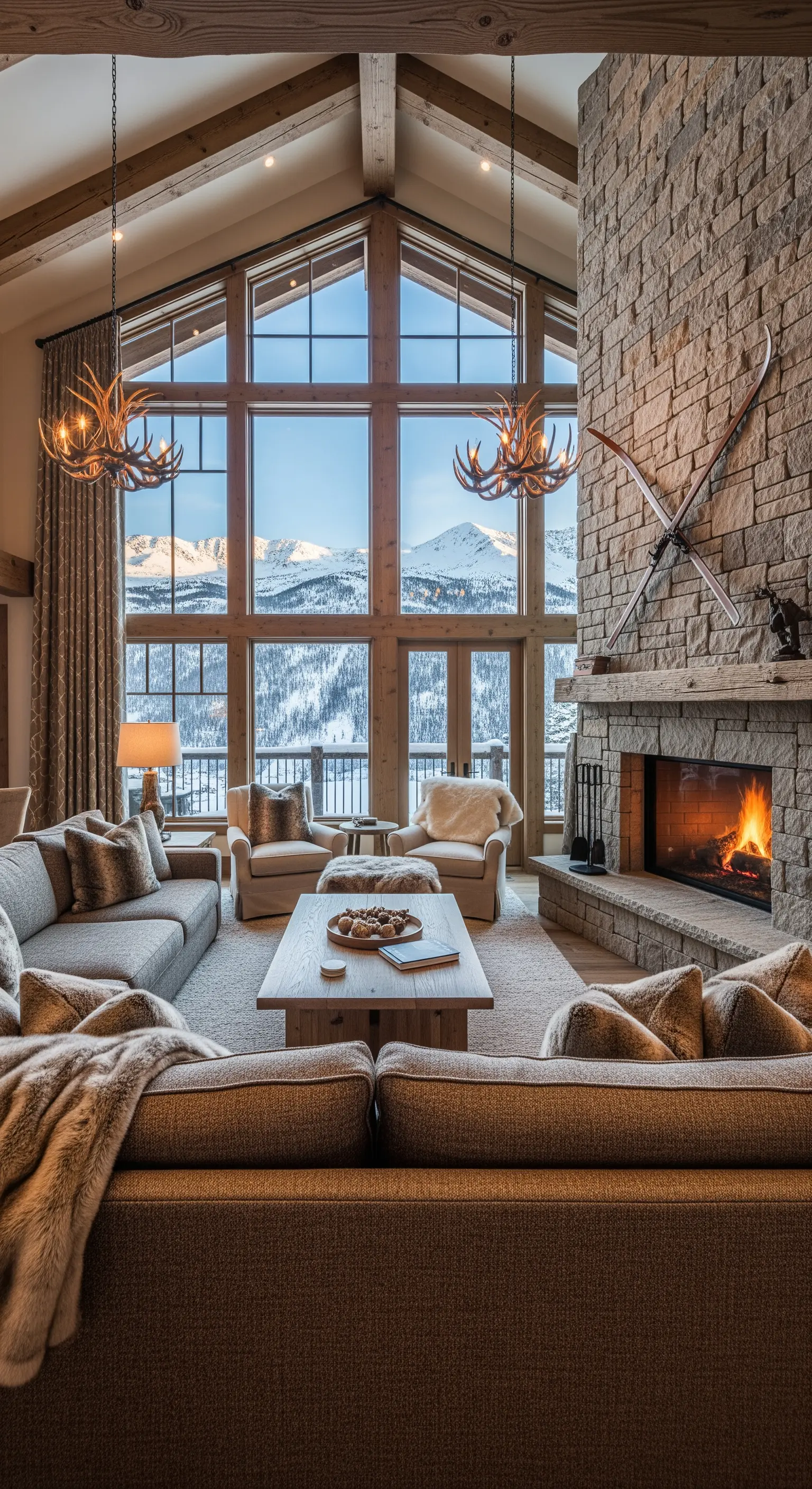 Große Sofalandschaft vor einem Steinkamin in einer luxuriösen Berghütte mit Blick auf schneebedeckte Berge.