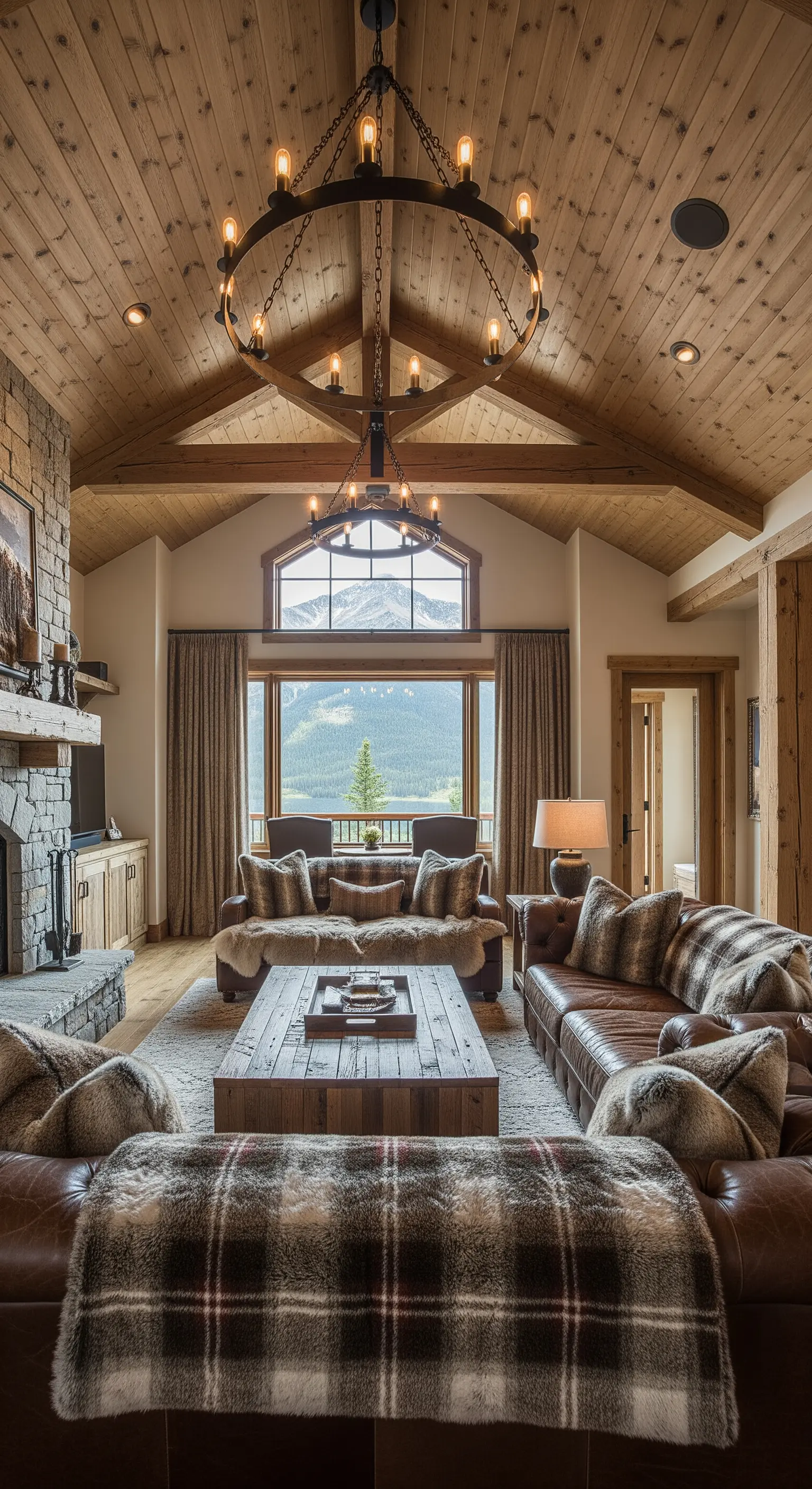 Rustikales Wohnzimmer im Chalet-Stil mit viel Holz, Leder und Felldecken.