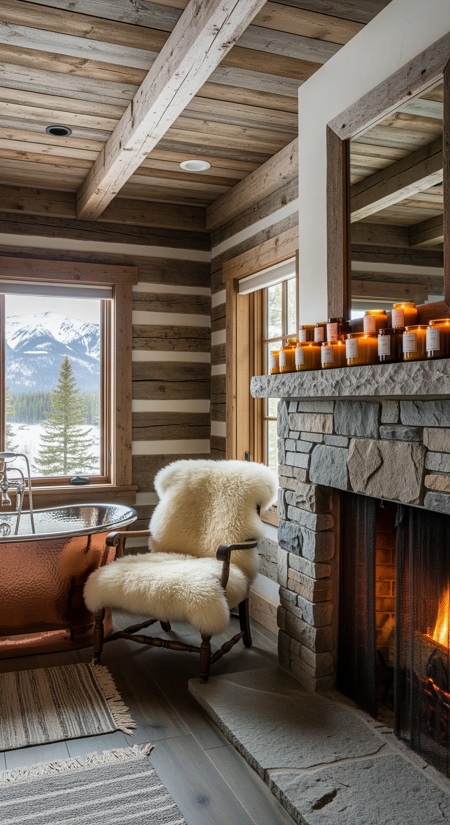 Rustikales Blockhaus-Badezimmer mit Steinkamin, Kupferwanne und Schaffell.