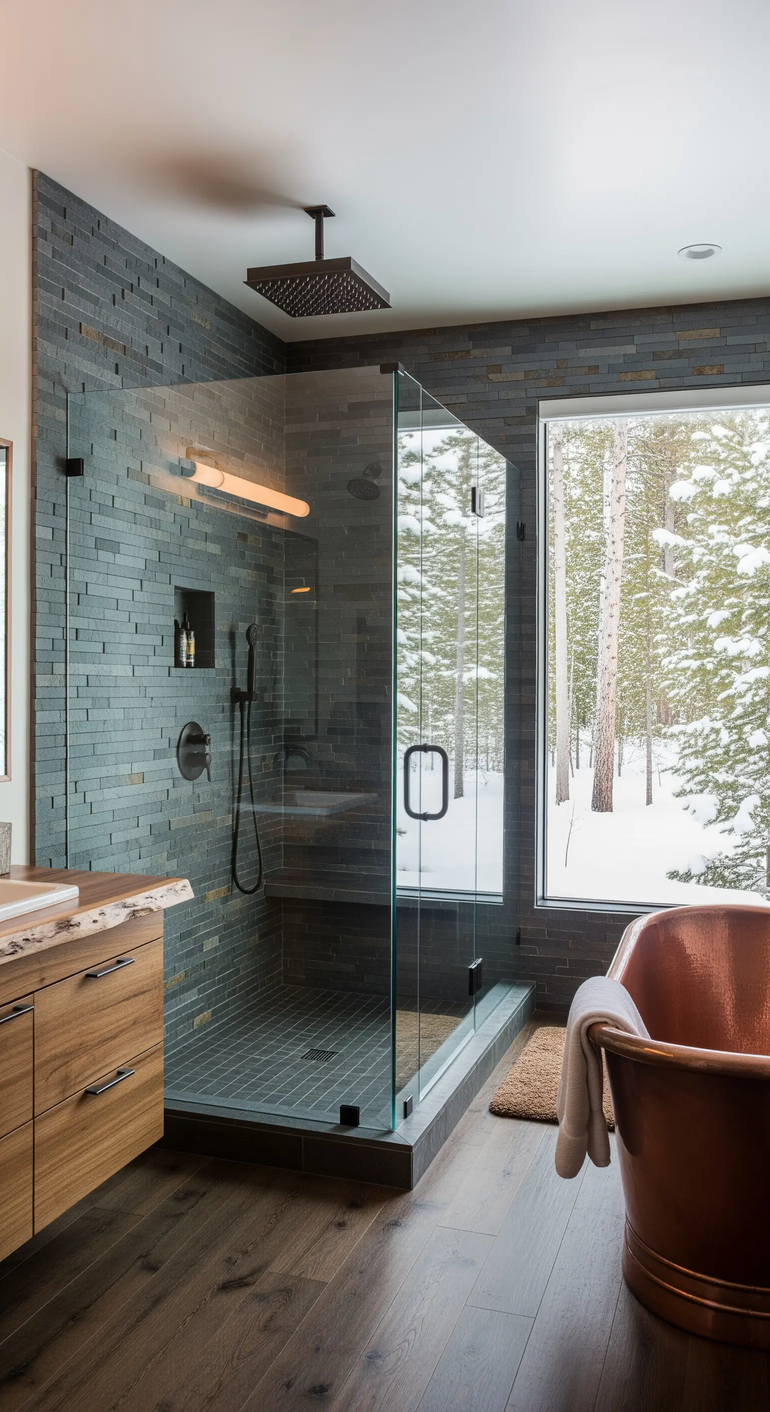 Rustikales Badezimmer mit Schieferfliesen, Kupferbadewanne und Blick in eine Schneelandschaft