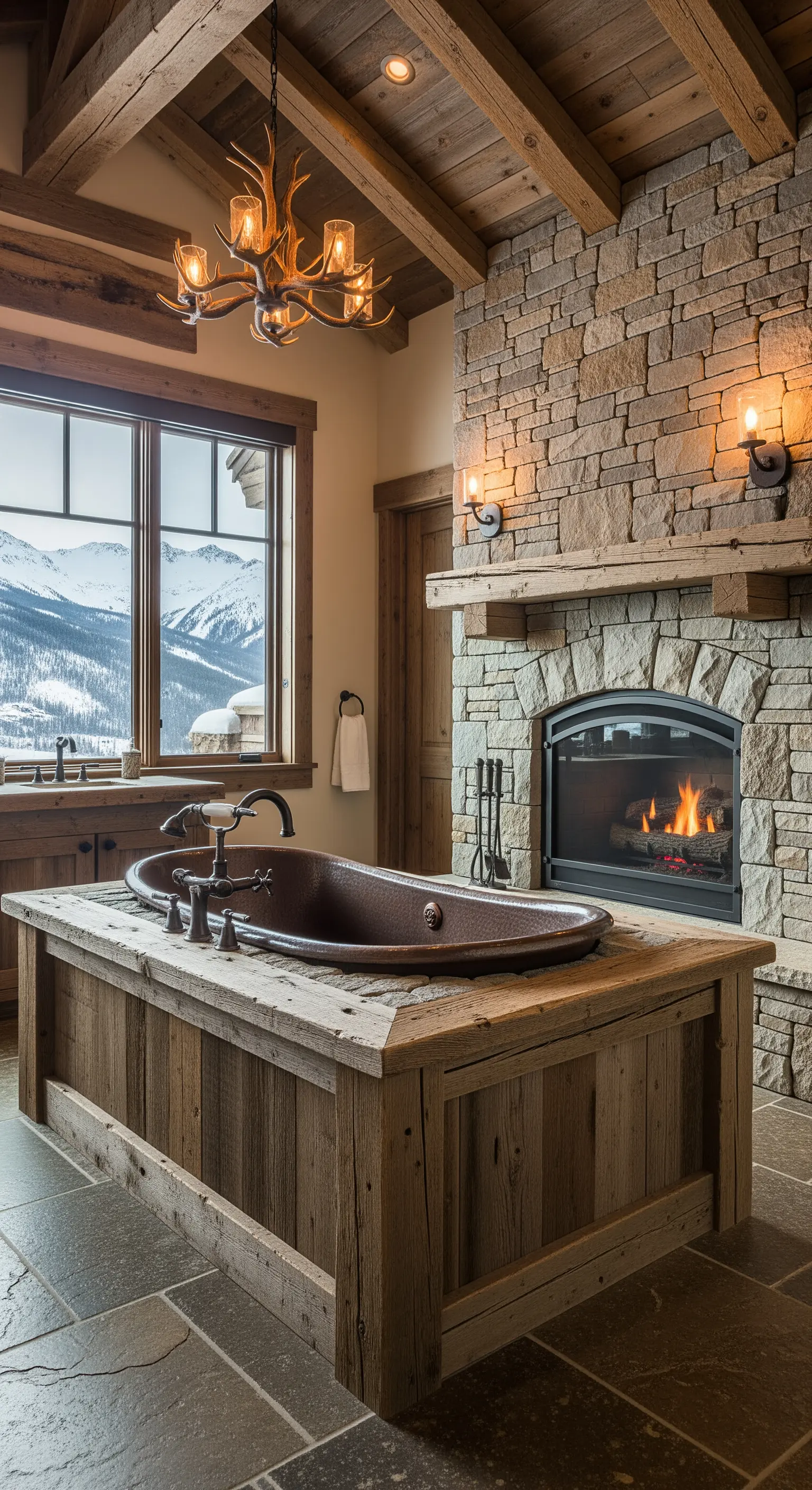 Kupferbadewanne in einem Podest aus Altholz neben einem Steinkamin in einer rustikalen Lodge