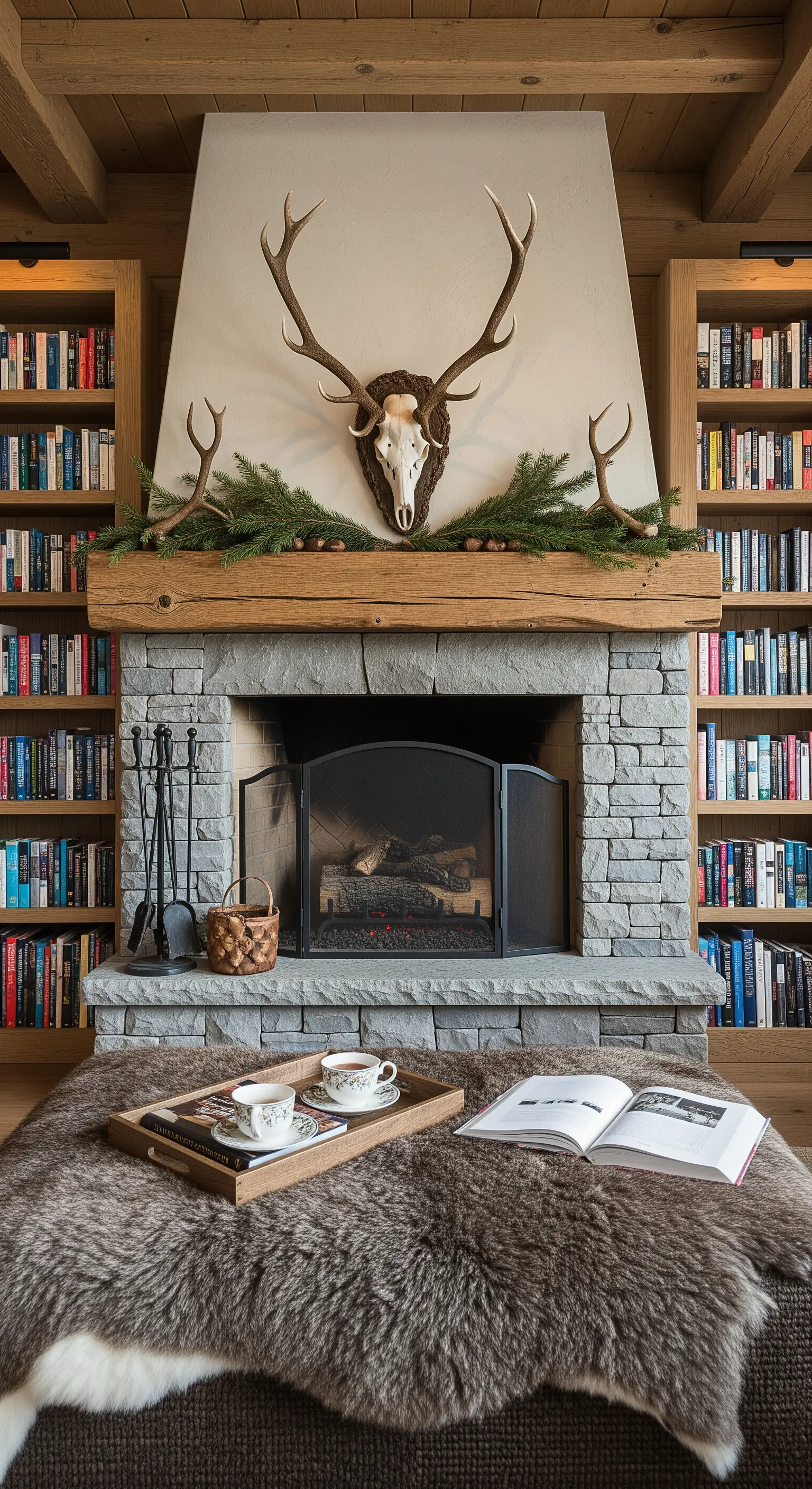 Steinkamin mit Holzbalken, Hirschgeweih und Tannenzweigen, alpine Lodge-Stimmung.