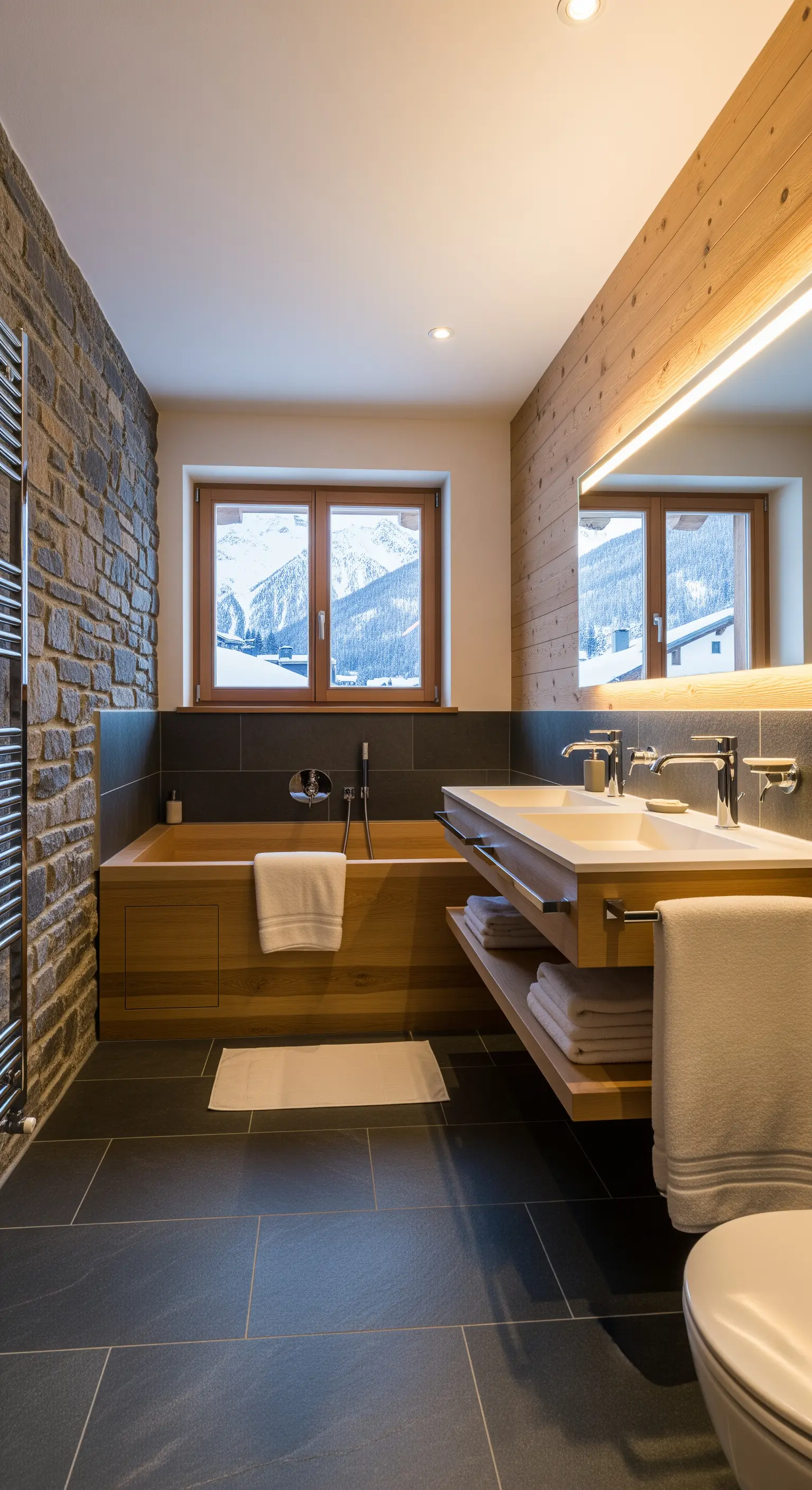 Modernes alpines Badezimmer mit Natursteinwand und viel hellem Holz.