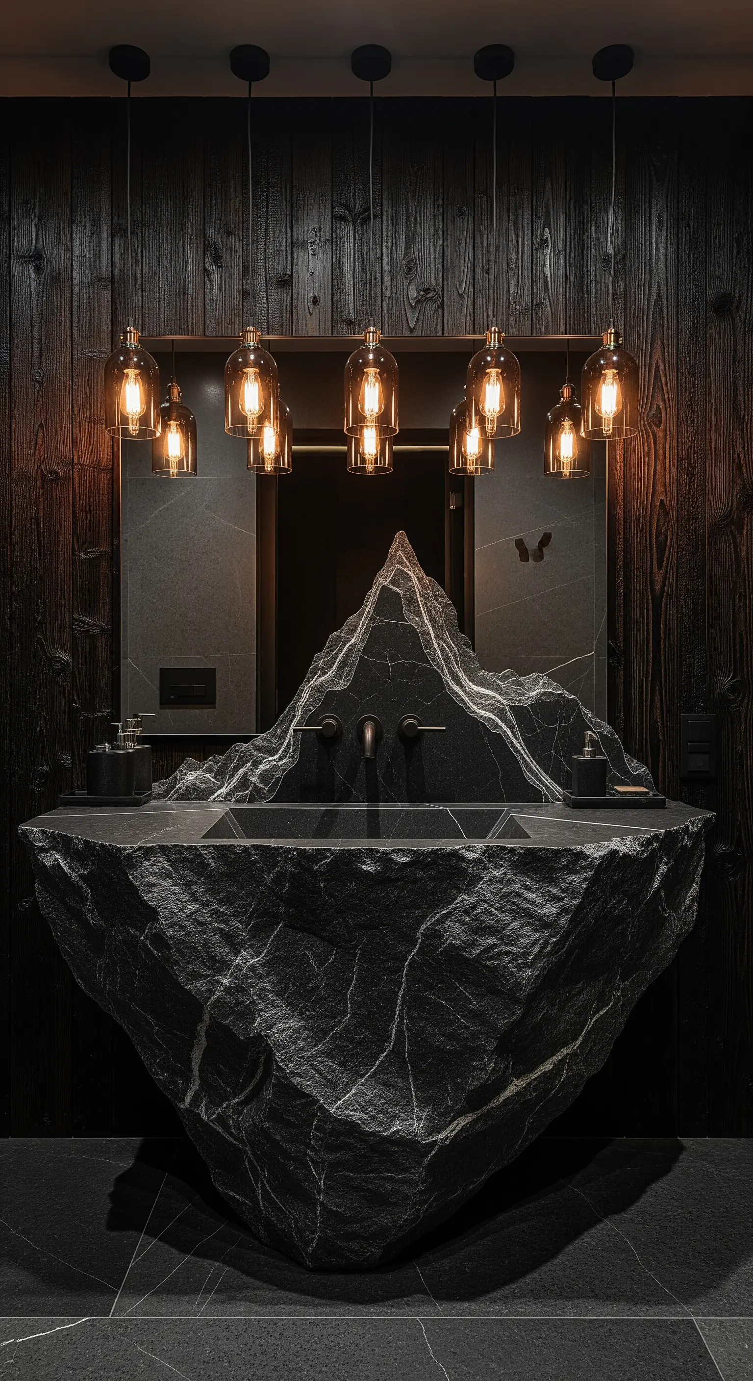 Badezimmer mit massivem Steinwaschbecken in Bergform, dunklen Holzpaneelen und Edison-Leuchten