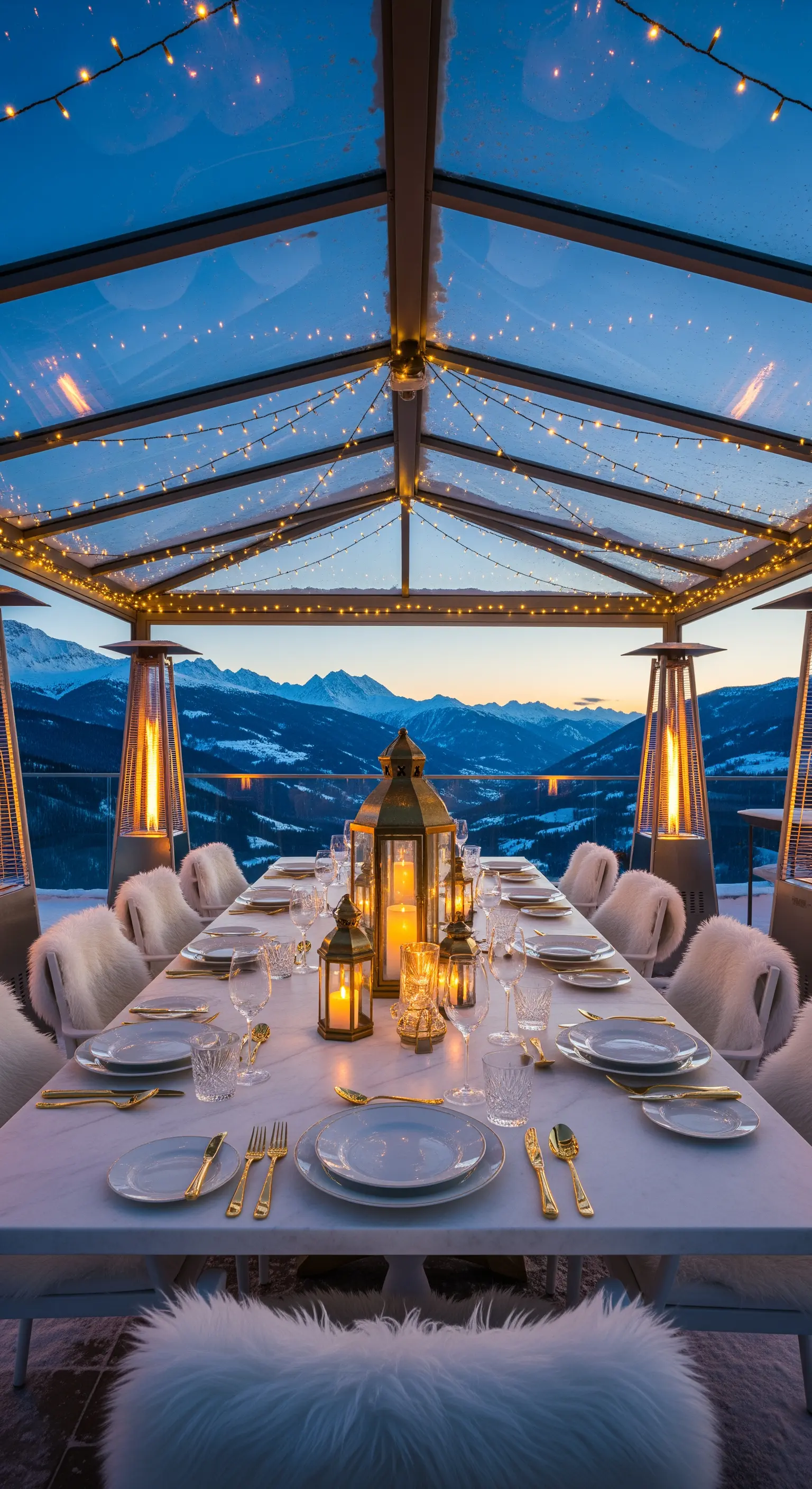 Alpines Weihnachtsdinner im Glas-Pavillon mit Gold-Laternen und Fell-Stühlen