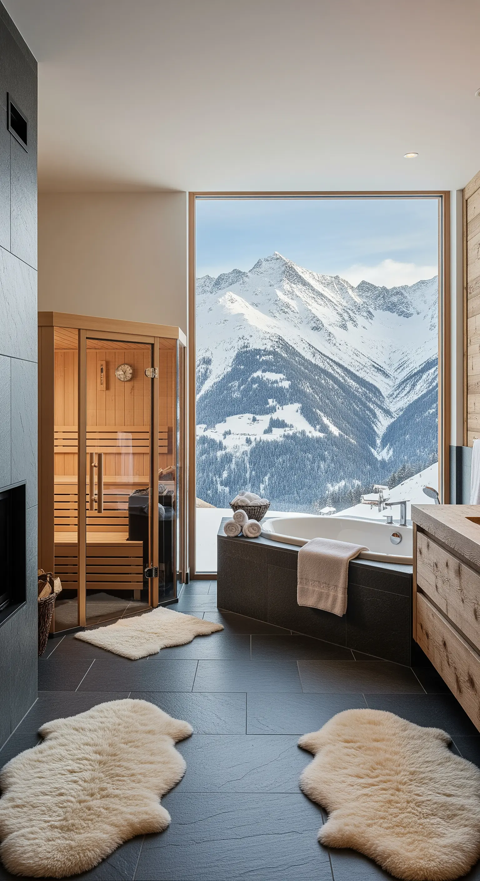 Luxus-Badezimmer in den Bergen mit Sauna und Panoramablick.