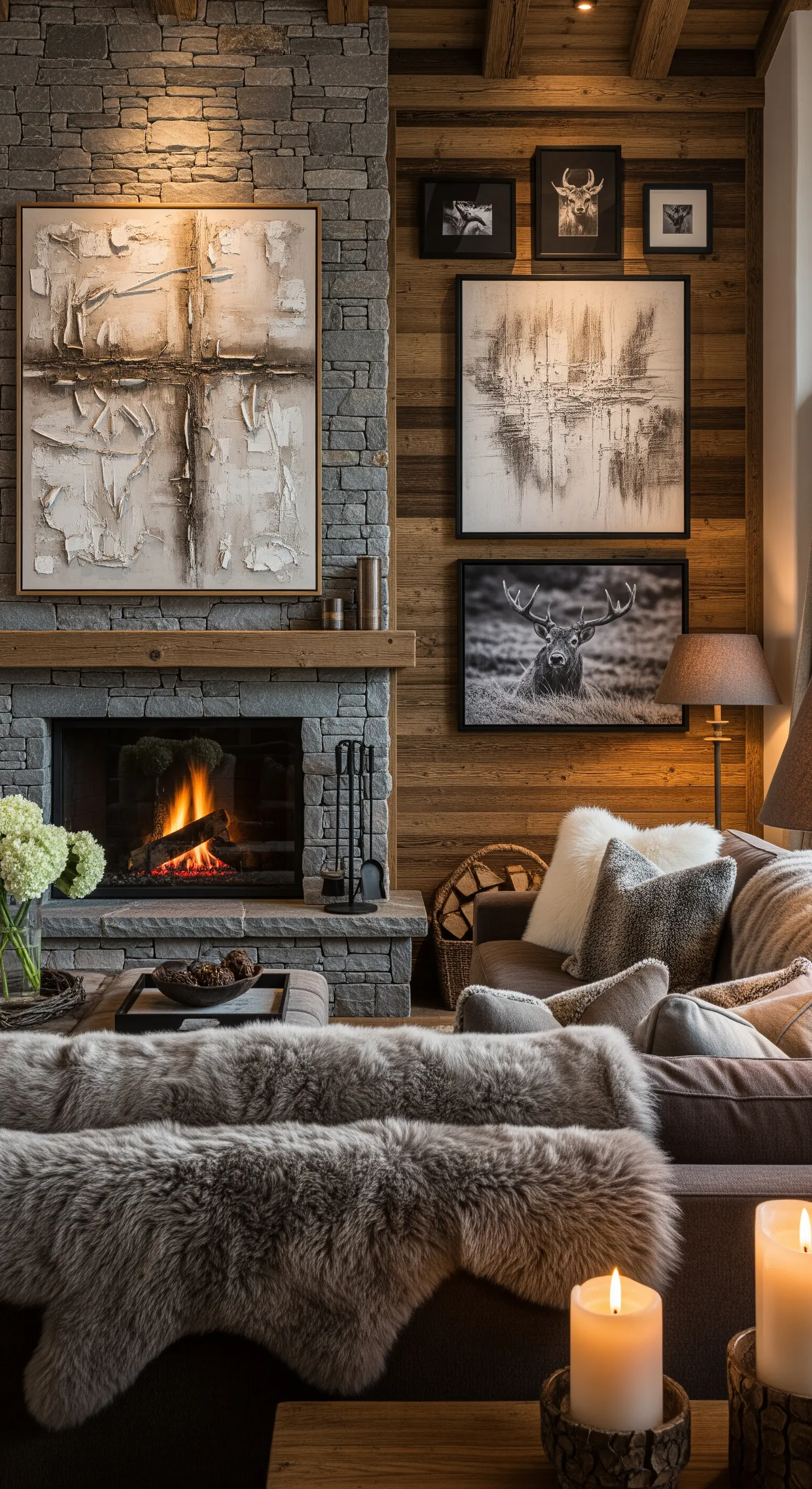 Rustikales Chalet-Wohnzimmer mit einer Kunstwand aus strukturierten Gemälden und Naturfotografie.