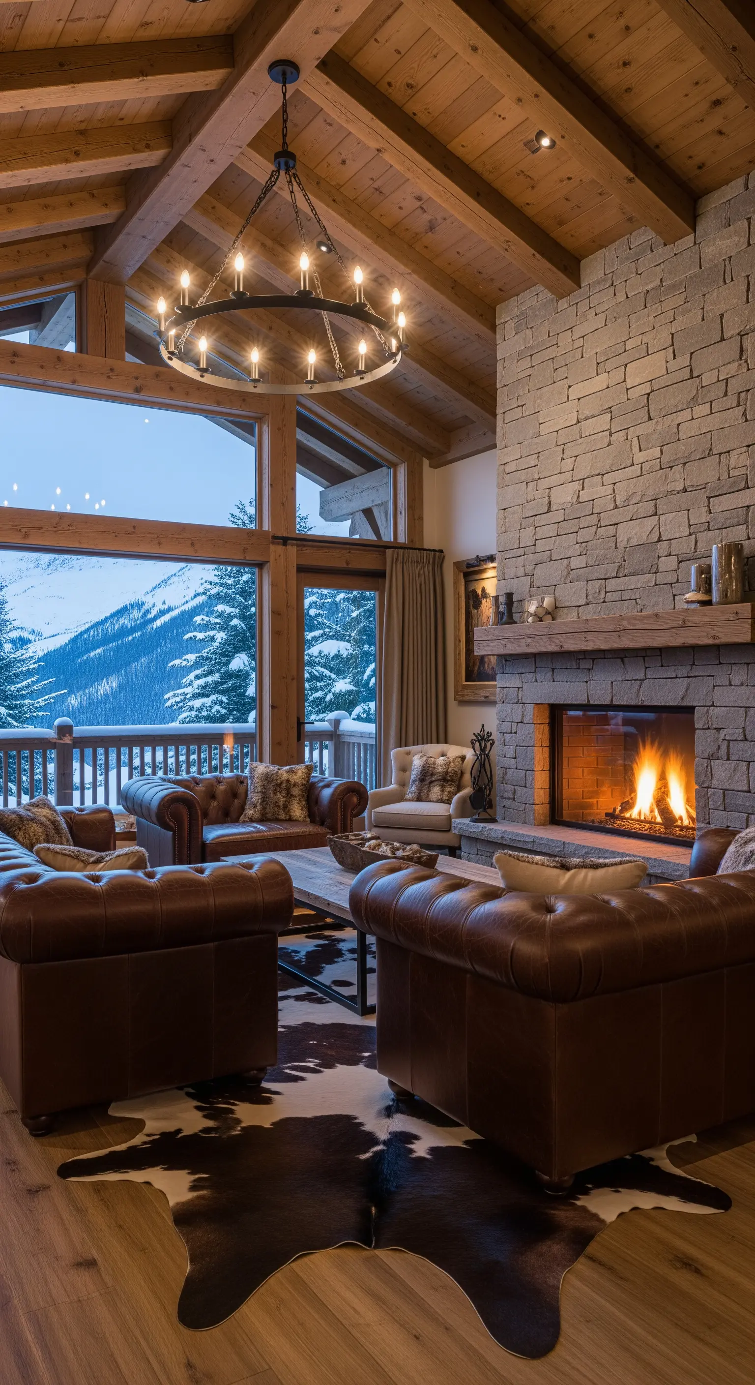 Rustikale Kaminlounge in einer Berghütte mit Steinwand, Holzbalken und Kuhfellteppich.