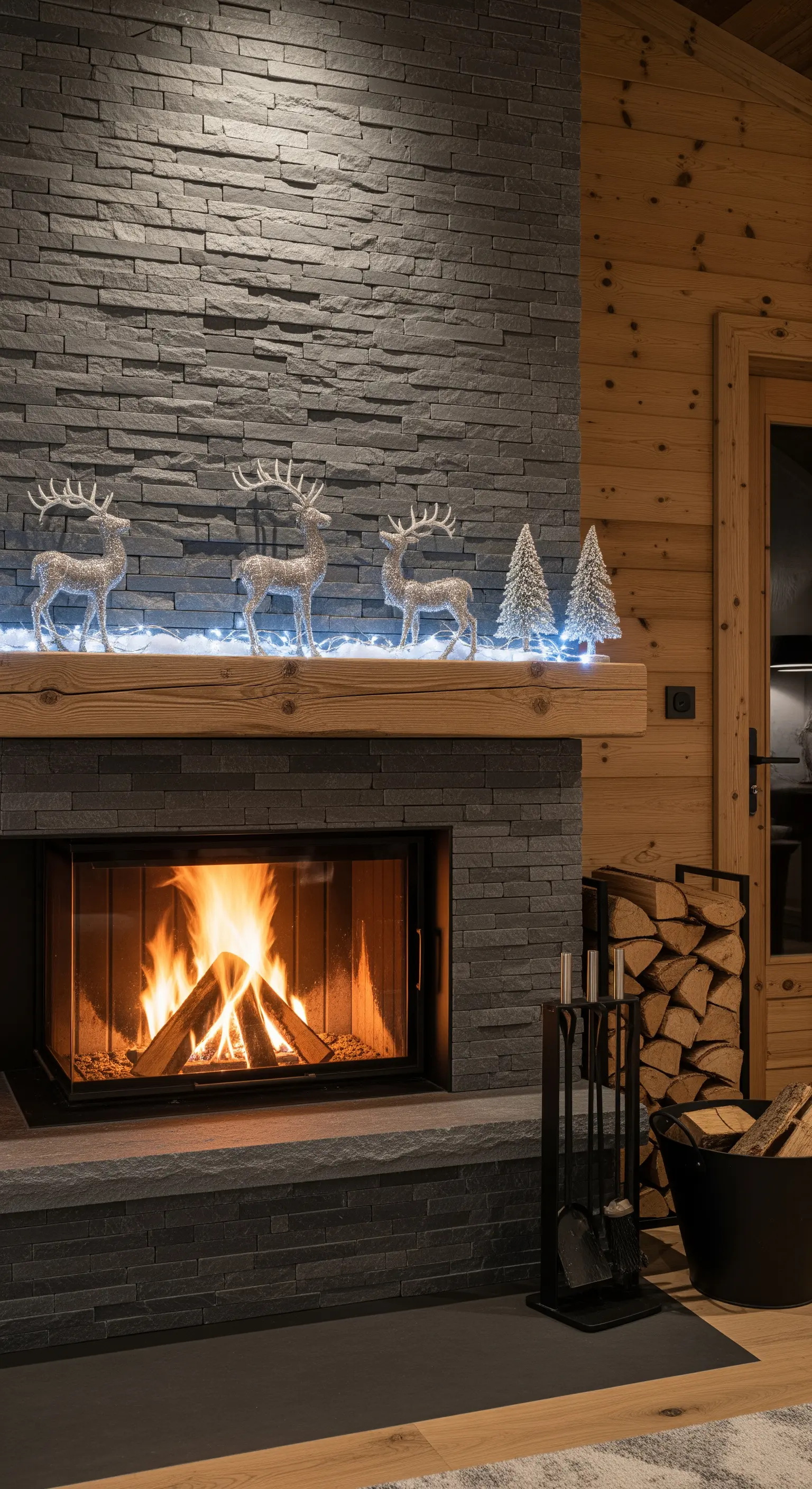 Moderner Schieferkamin mit glitzernden Rentieren und kühler LED-Beleuchtung.