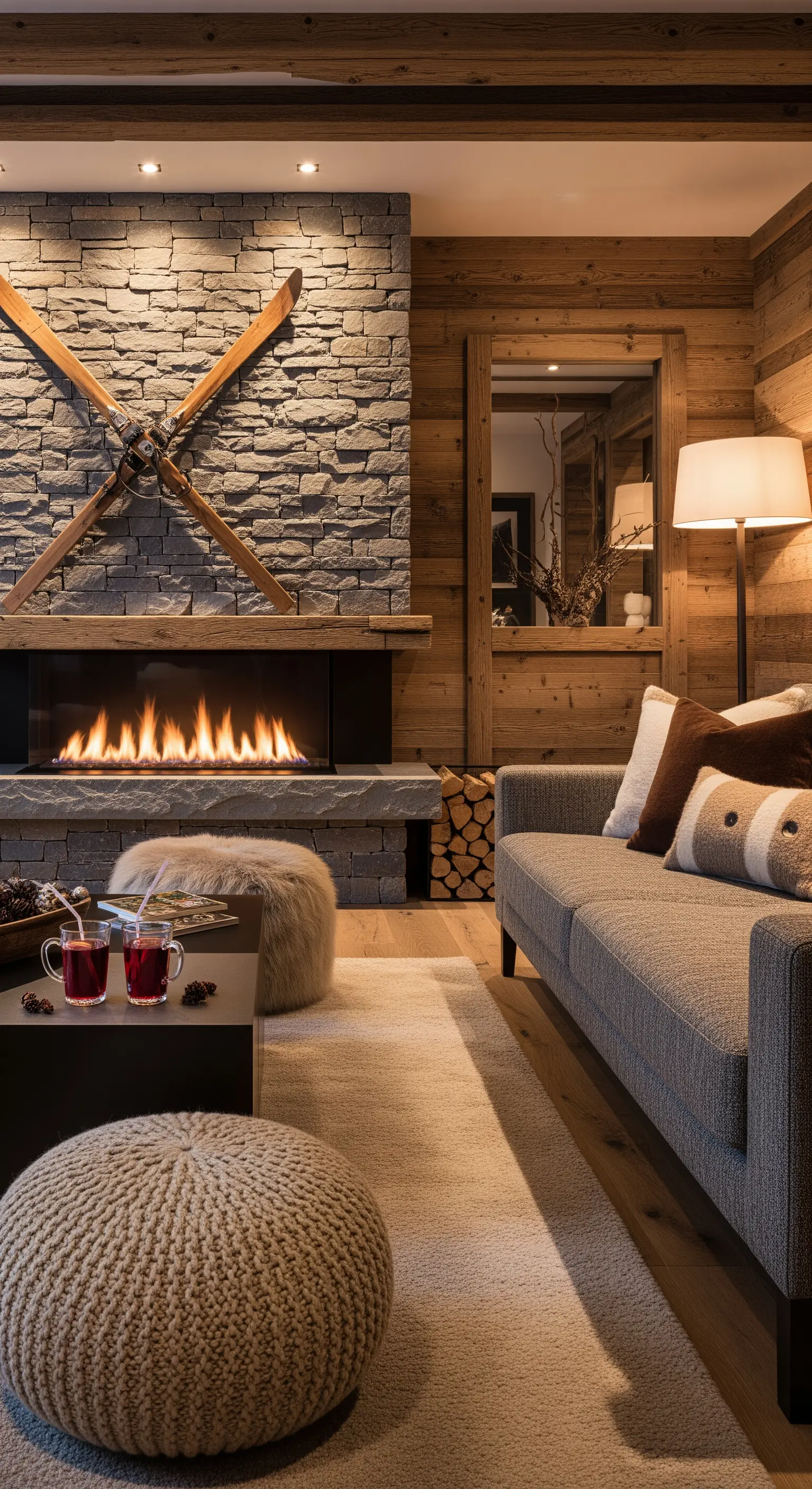 Modernes Chalet-Wohnzimmer mit Steinkamin, über dem gekreuzte Holzski hängen.