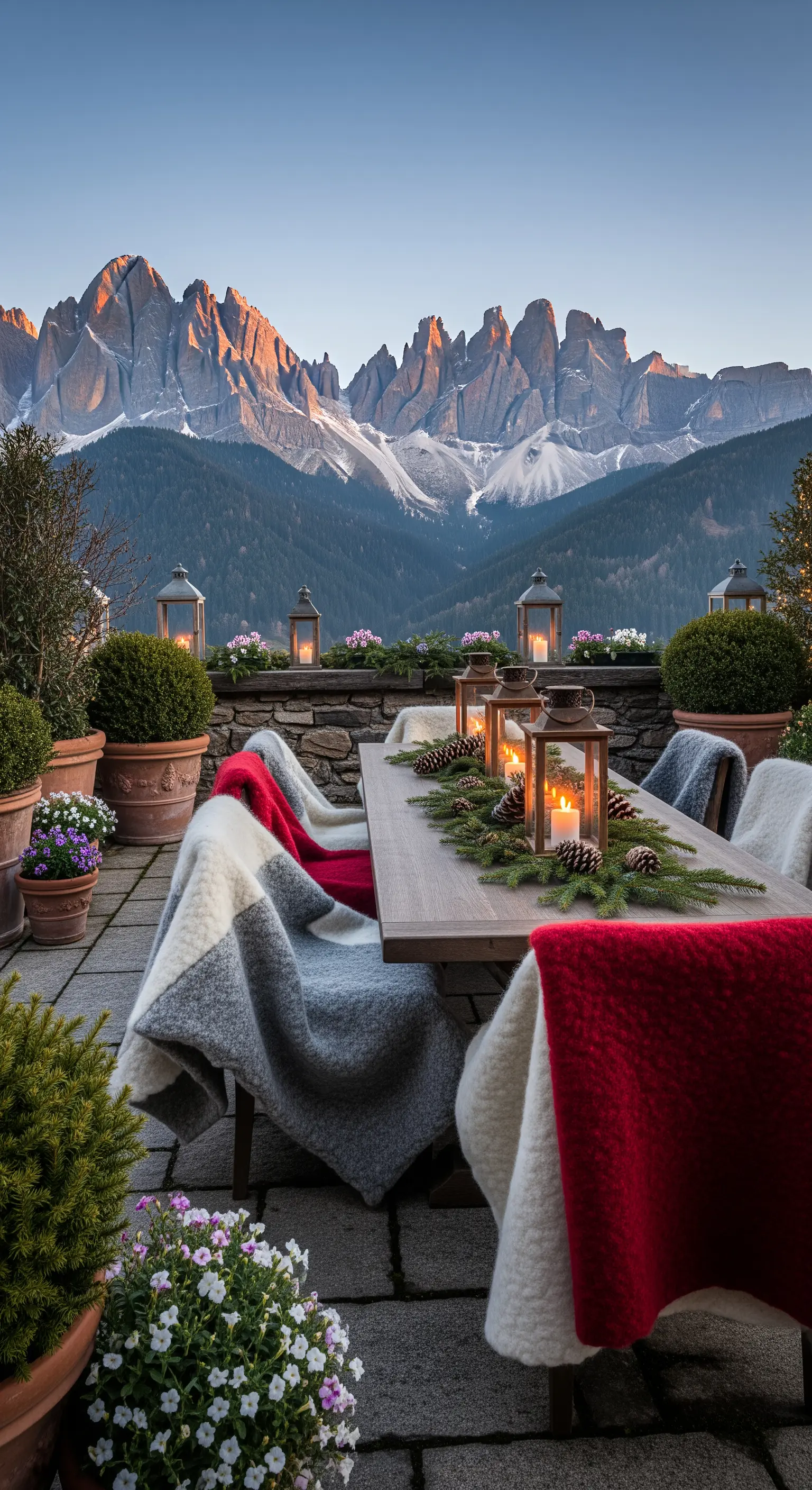 Holztisch mit Decken und Laternen, Tannenzweigen und Zapfen vor Bergpanorama.