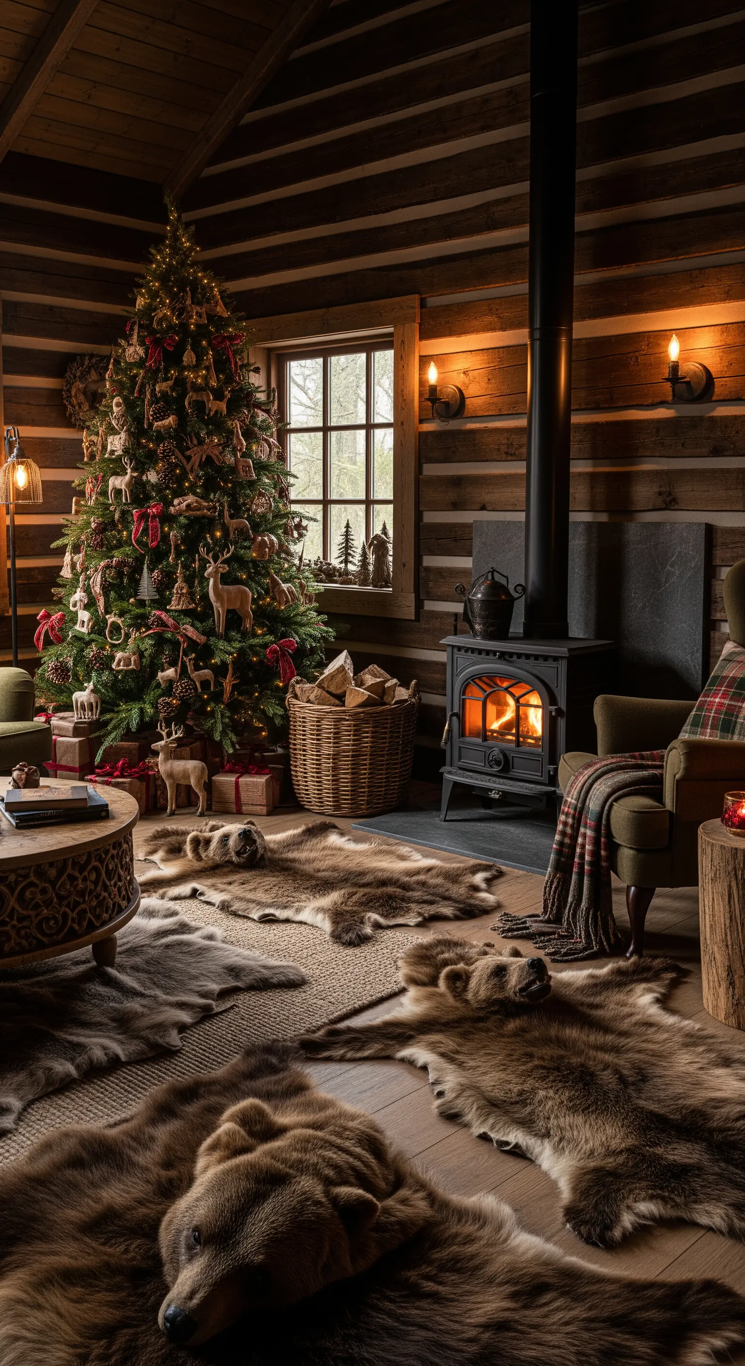 Alpines Wohnzimmer mit Holzvertäfelung, Weihnachtsbaum, Kaminofen und vielen Fellen auf dem Boden.