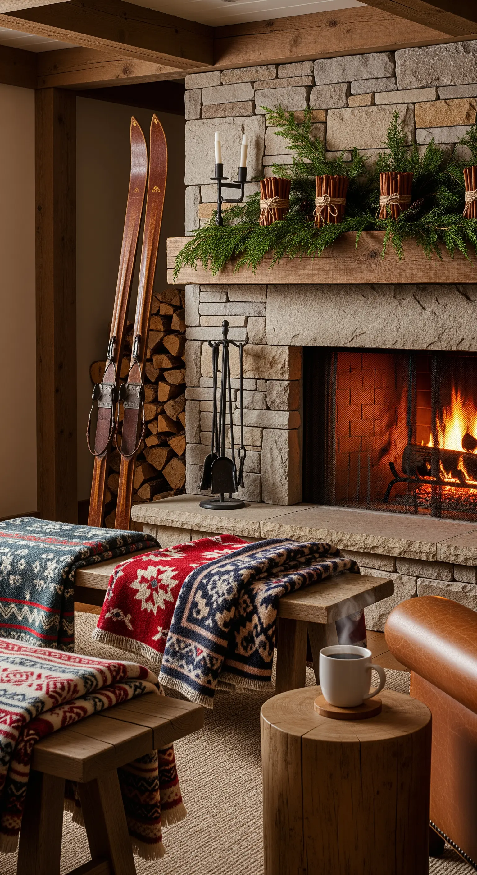 Alpines Wohnzimmer mit Steinkamin, Vintage-Skiern, Holzbänken mit Wolldecken und Tanne.
