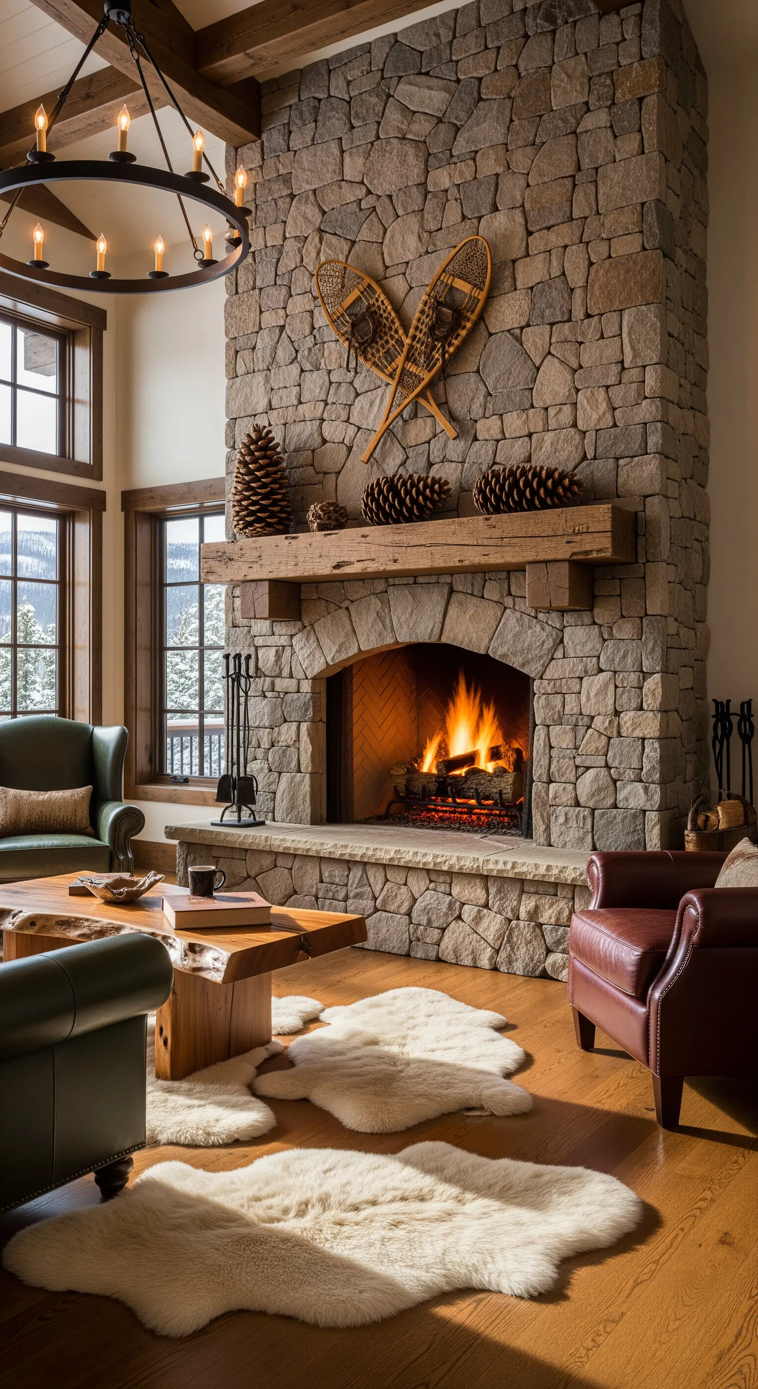 Schneeschuhe, Tannenzapfen, Fellteppiche am Steinkamin