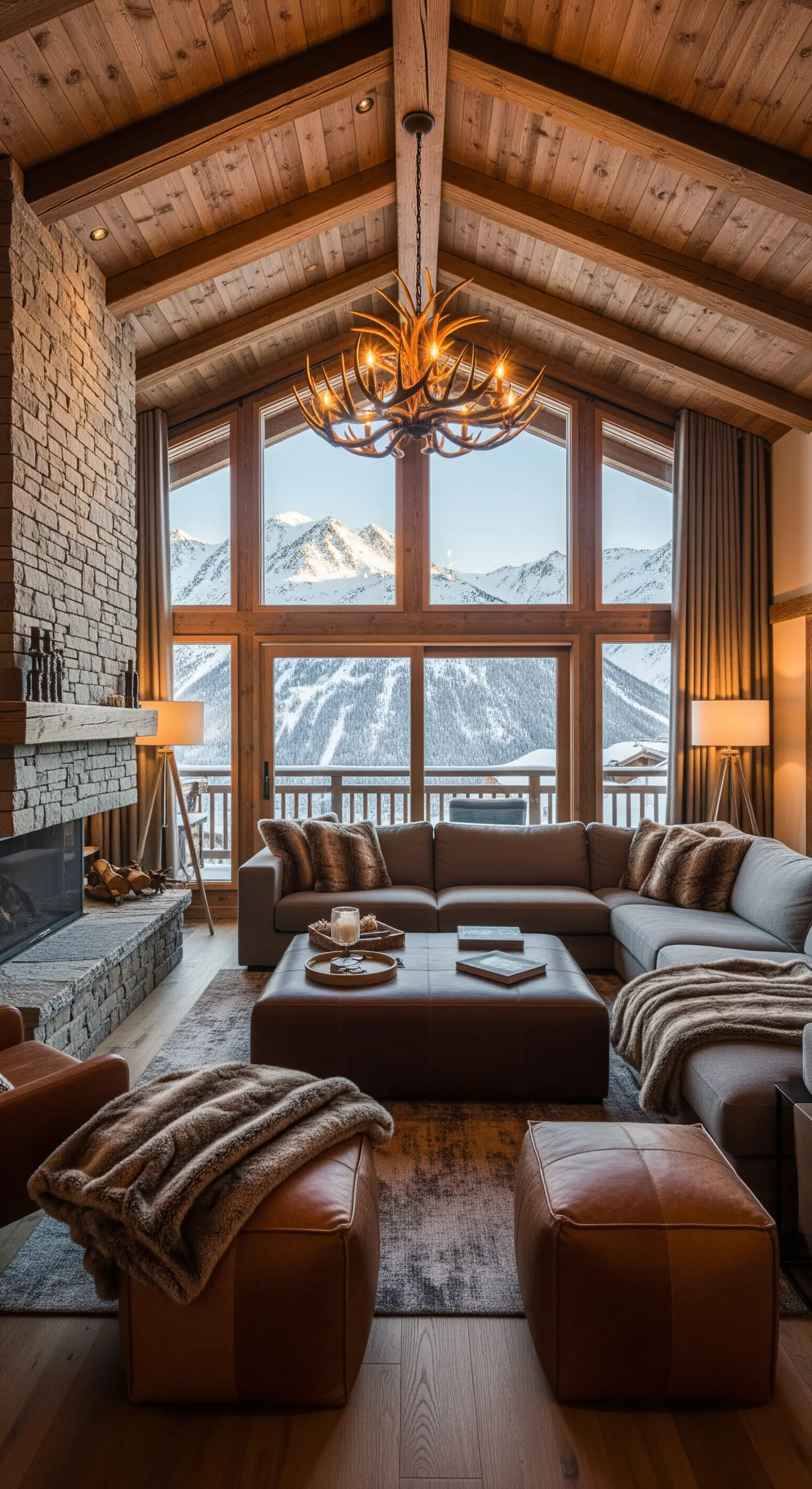 Rustikales Chalet-Wohnzimmer mit Steinkamin, Holzdecke und Bergblick.