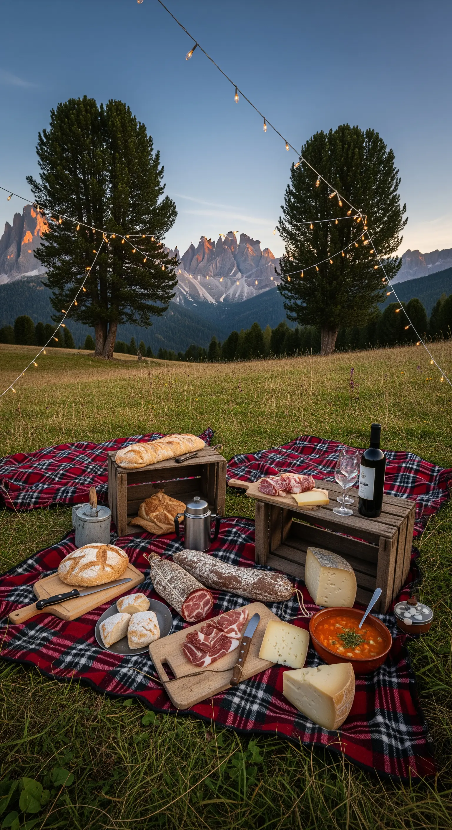 Alpines Picknick mit karierter Decke, Holzkisten und Bergkulisse mit Lichterkette