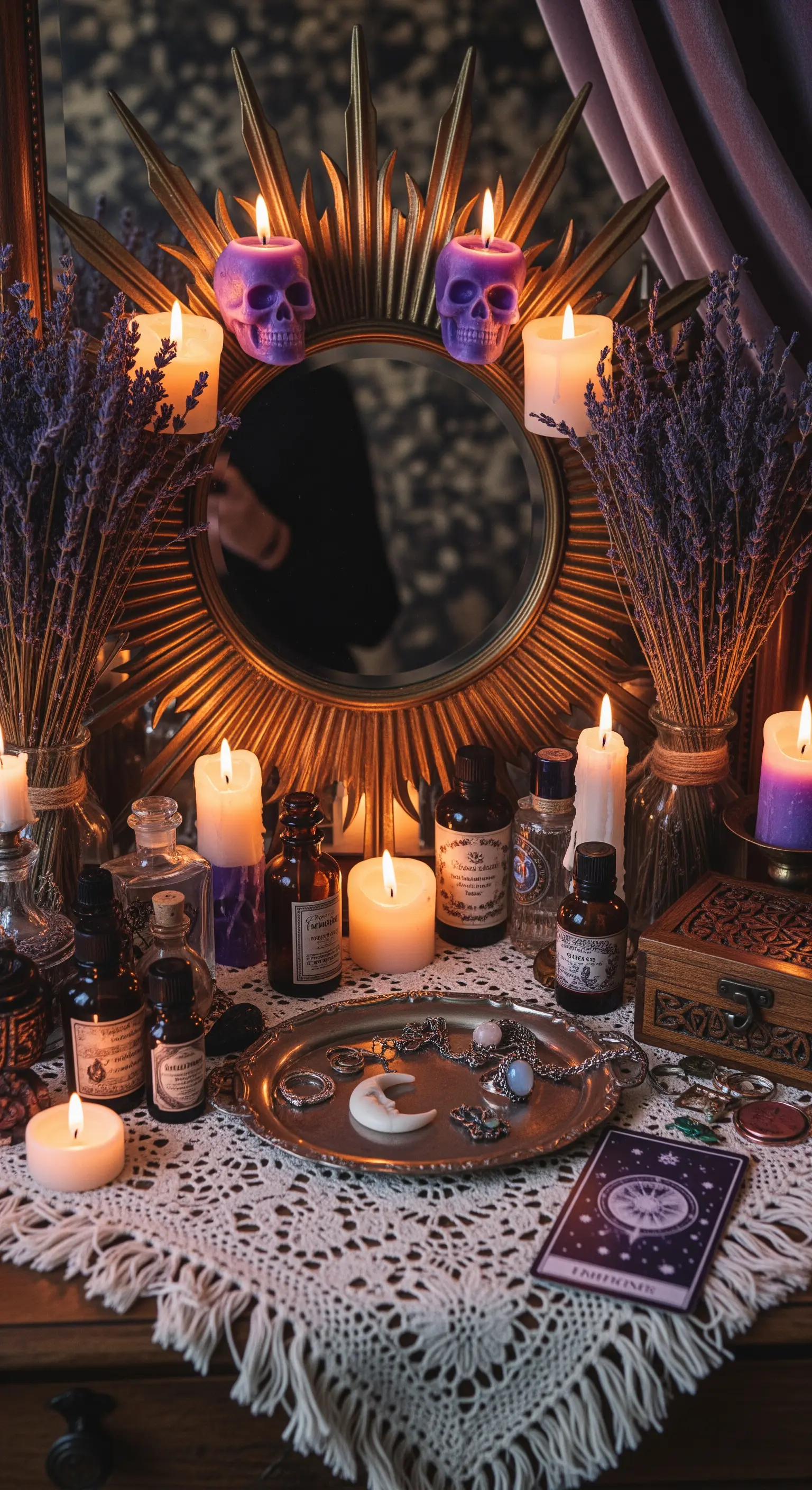 Mystischer Altar mit Vintage-Spiegel, Kerzen, Lavendel und magischen Artefakten
