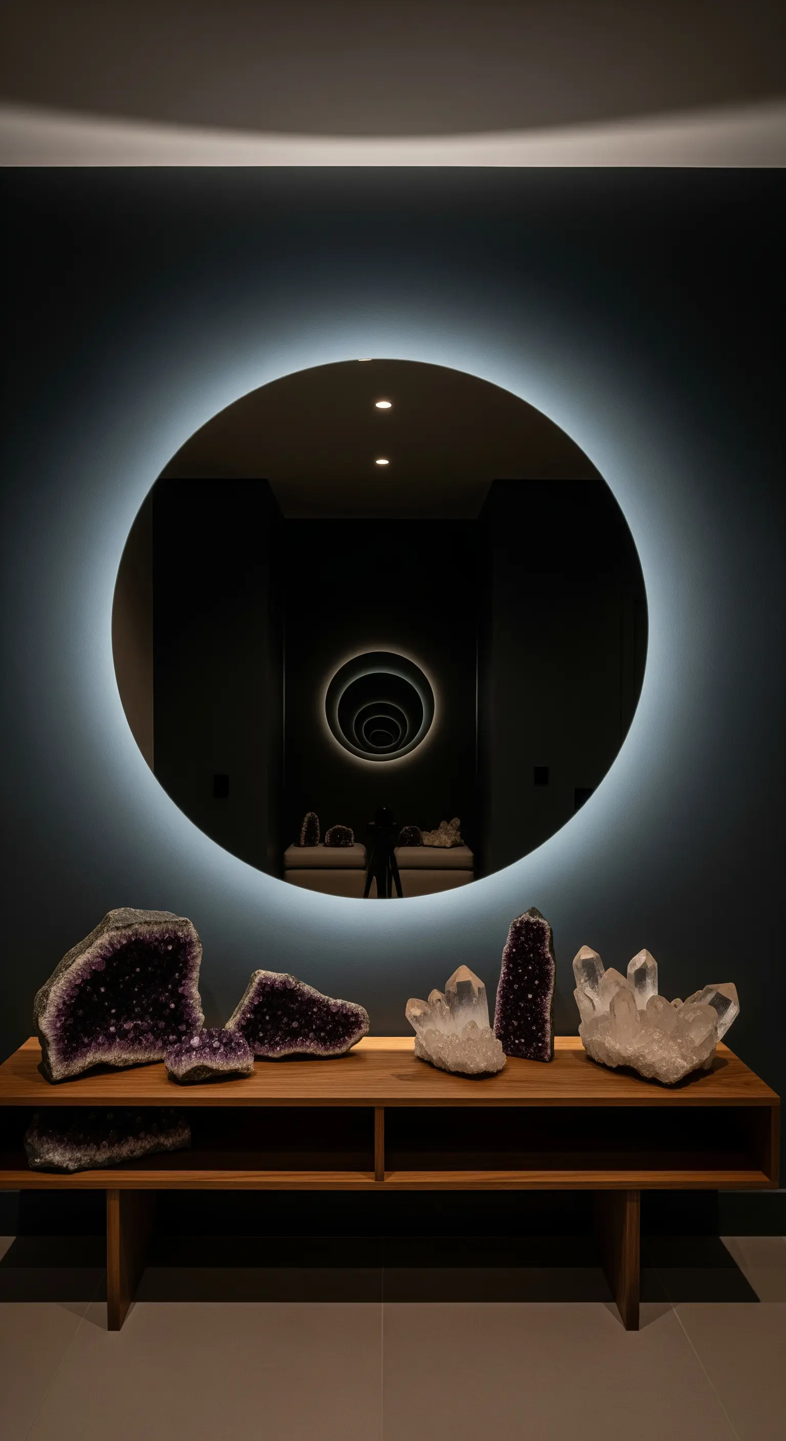 Konsole mit einer Sammlung von Amethyst- und Bergkristallen vor einem rundem Infinity-Spiegel.