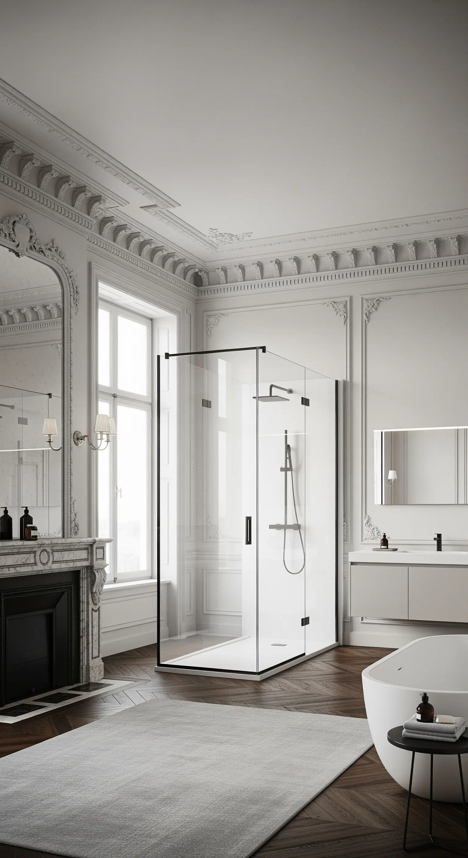 Historischer Raum mit Stuck und Kamin, in dem eine moderne, schwarze Glasduschkabine steht