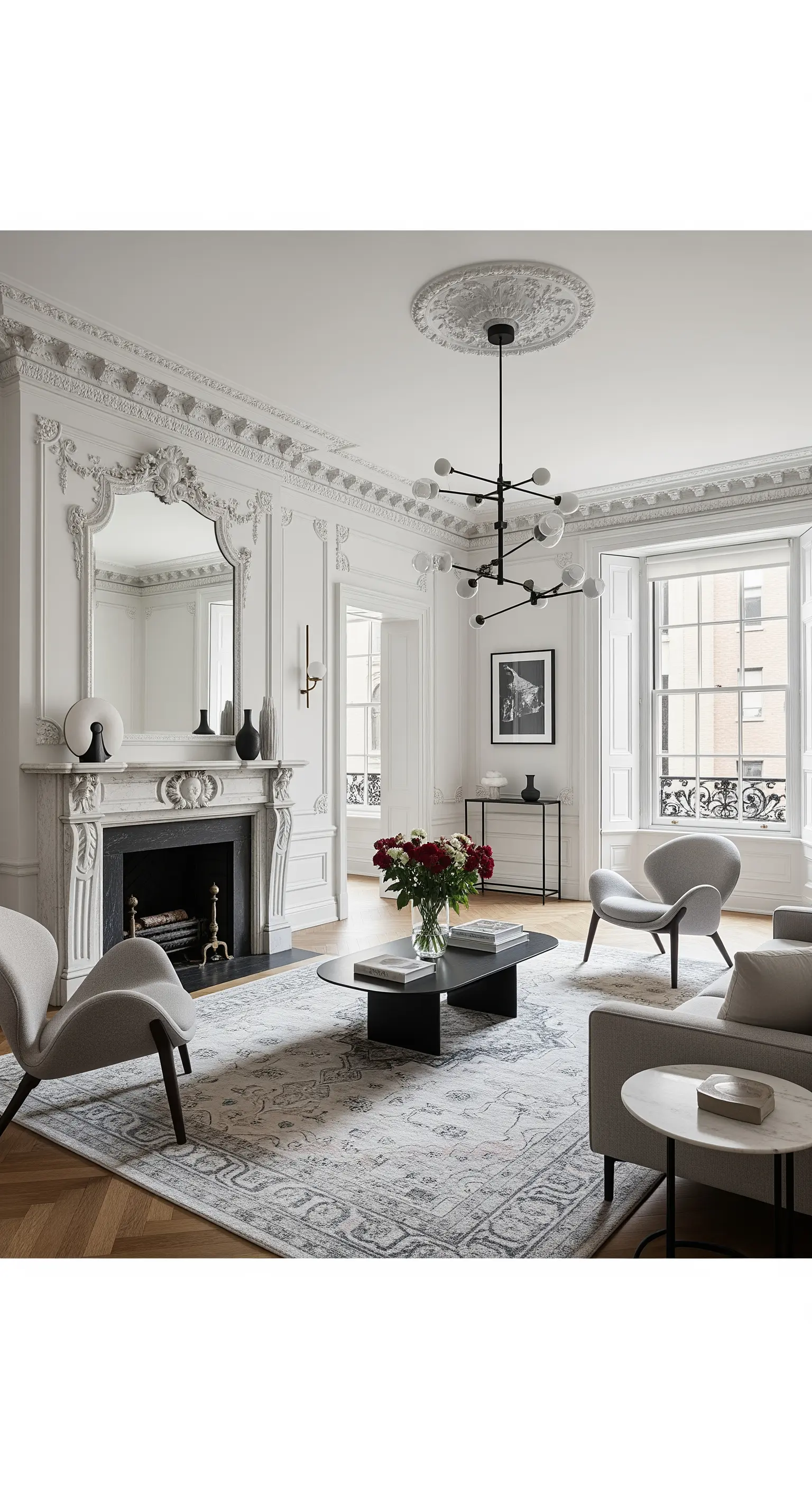 Pariser Altbauwohnung mit Stuck und modernem Kronleuchter über einem klassischen Teppich.