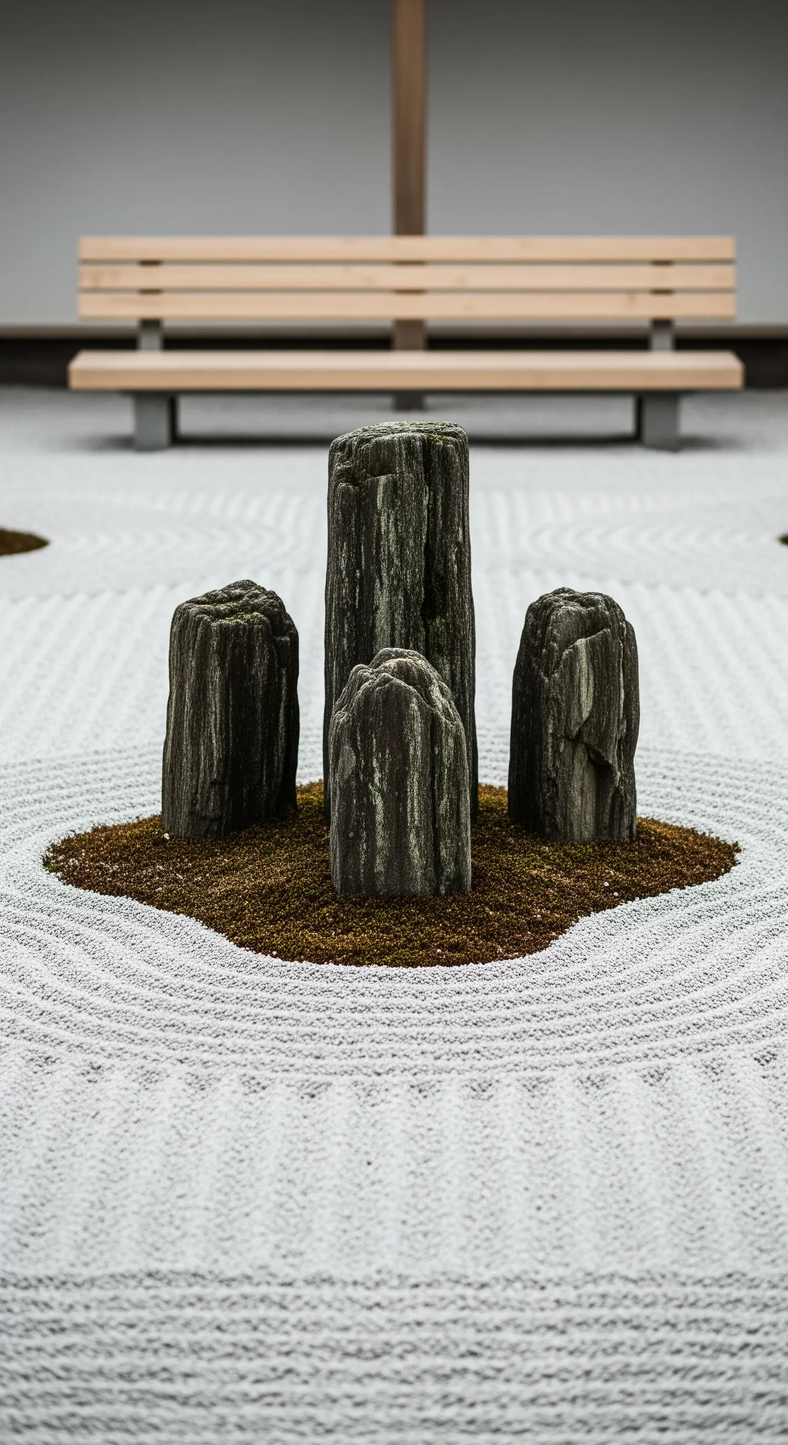 Japandi Zen-Garten mit alten Baumstämmen, Moos, geharktem Kies und Holzbank